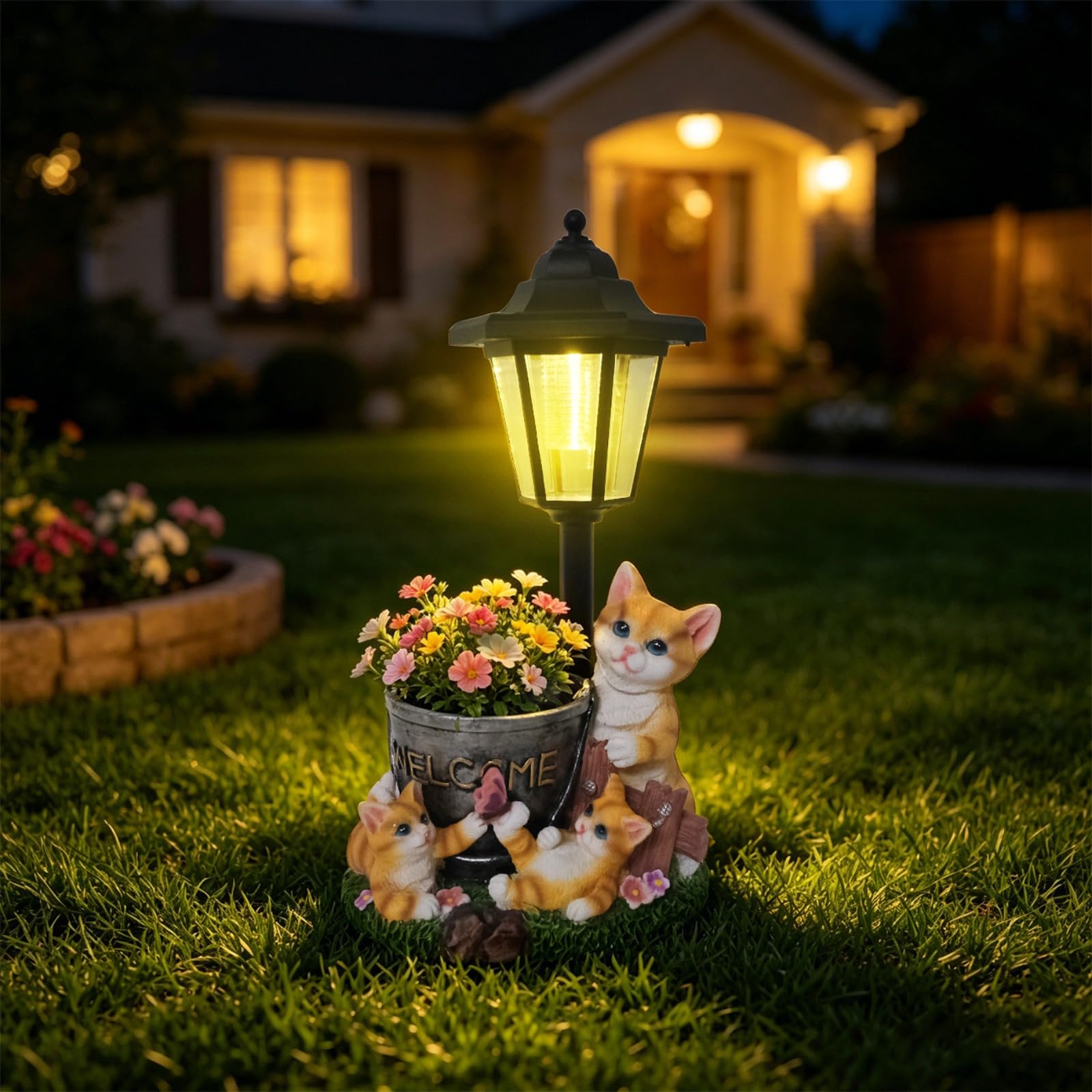 GUASDIE Cat Solar Garden Light Statue, Resin Outdoor Cat Figurine with Solar Powered LED Light, Weatherproof Solar Cat Planter Night Light for Backyard Patio Lawn,Cat & Bucket