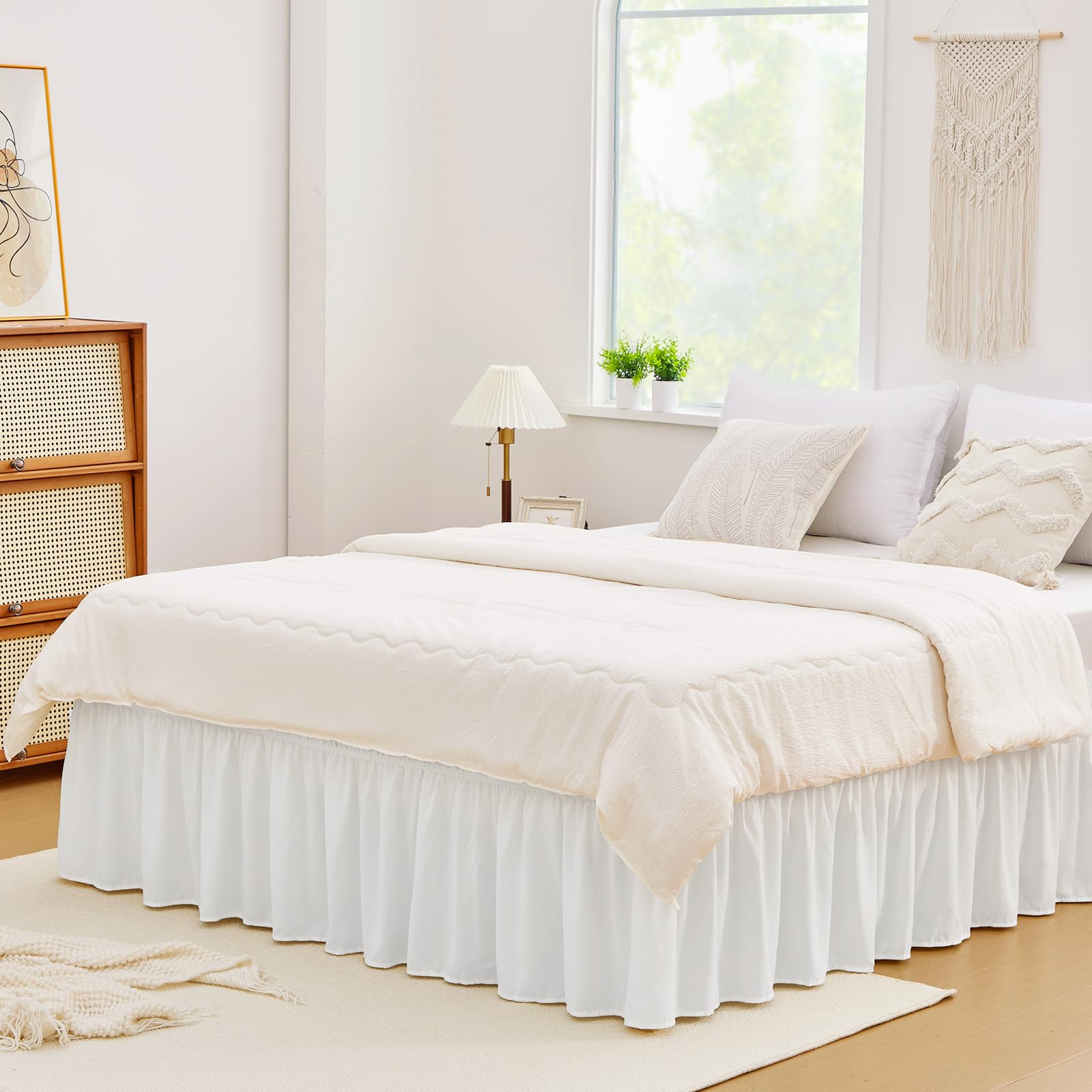 Vocander White Full Size Bed Skirt 14 Inch Drop Easy to Put On-Elastic Wrap Around Dust Ruffle for Bed Frame & Mattress-Luxury Bedskirt for Adjustable