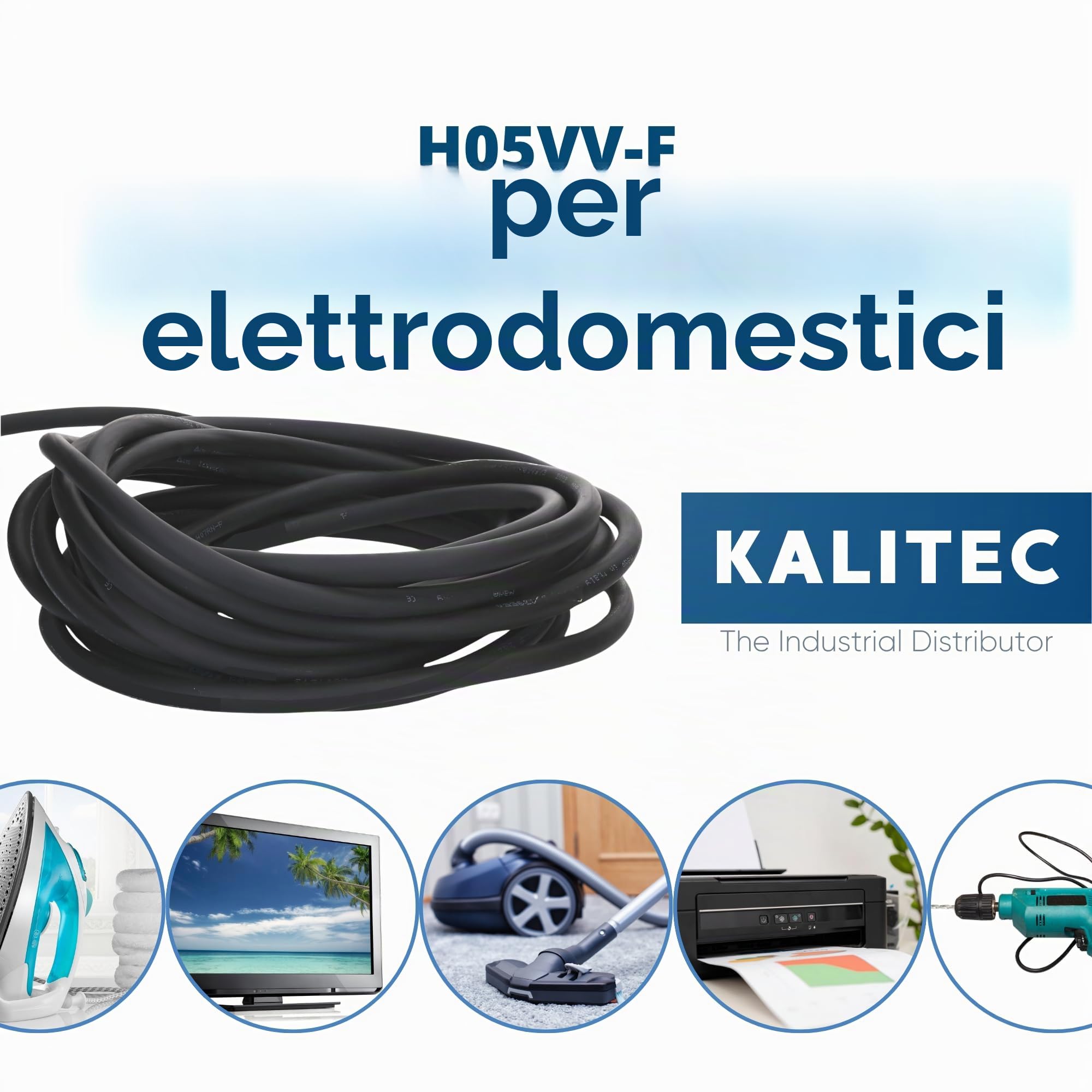 Kalitec H05VV-F - Cavo Elettrico 10 m, 3G2,5 mm², Nero, Filo PVC per | Tubo flessibile per lampade ed elettrodomestici, conduttore di protezione, tensione 300/500 V, isolamento robusto in PVC