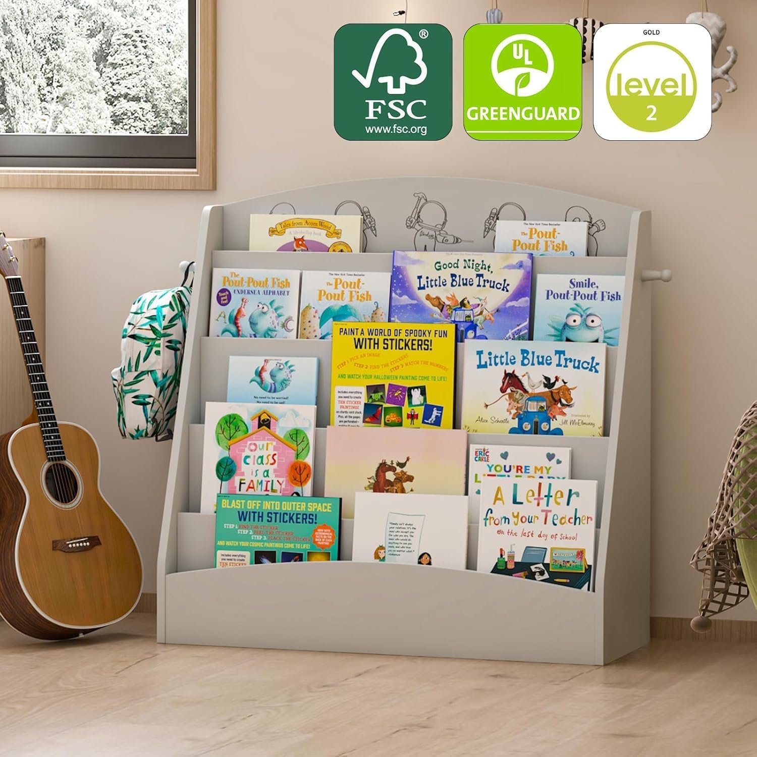 5-Tier Kids Bookshelf Montessori Toddler Book Rack Baby Bookcase Floor Front Facing Magazine Display Shelf for Bedroom Playroom Nursery Classroom Kindergarten Wood (Gray) - Image 4