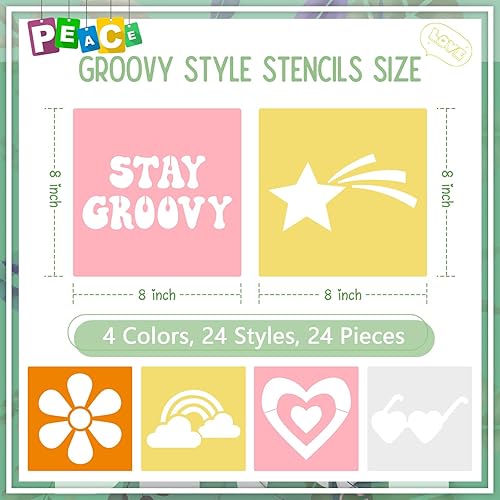 Miniatura 2 de Henoyso Juego de 24 plantillas bohemias Groovy Peace de 8 x 8 pulgadas, plantillas de tiza de plástico para dibujo, plantillas surtidas, plantillas