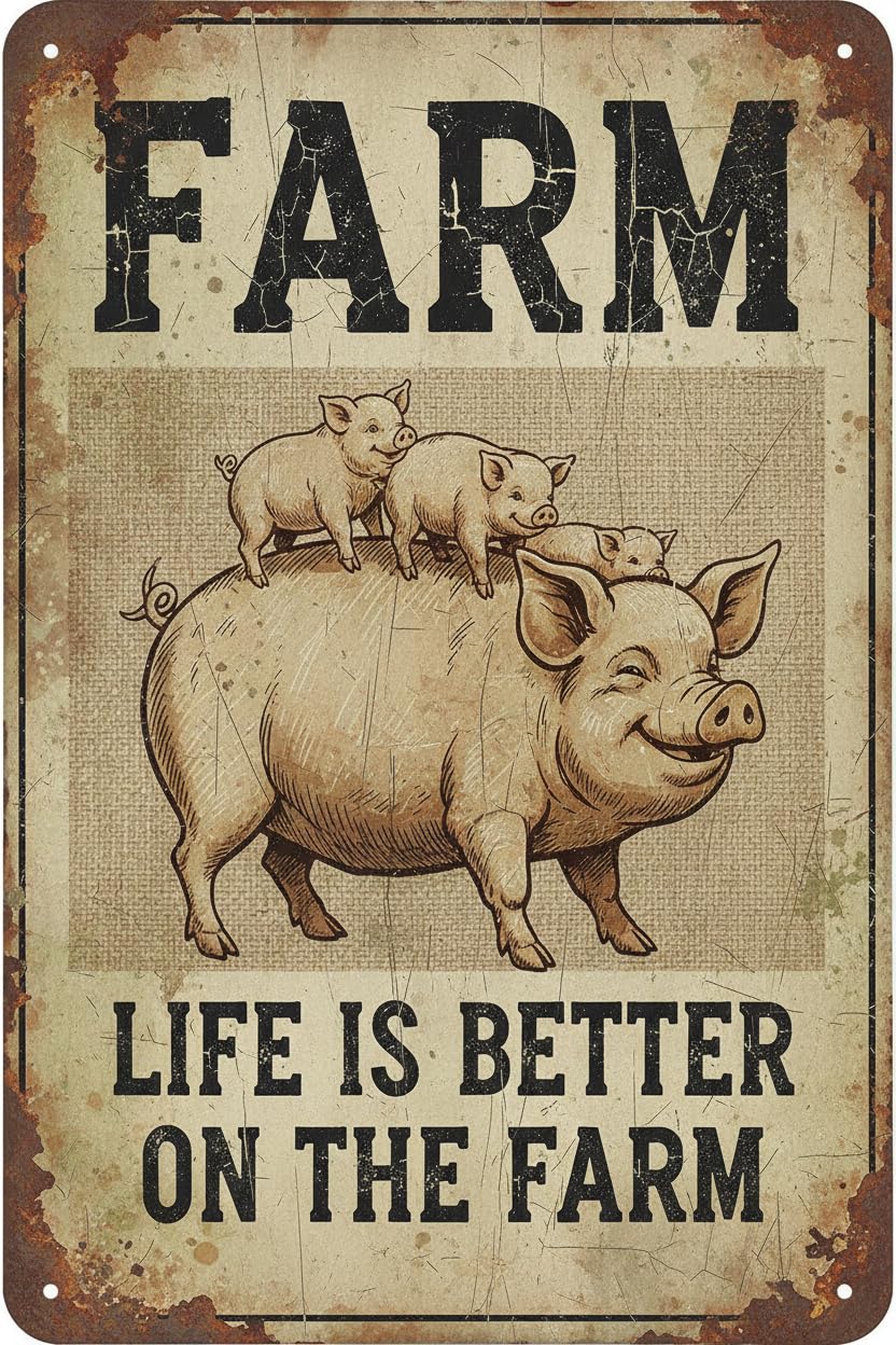 Vintage Pig Tin Sign Farm Life is Better on the Farm Retro Pet Lovers Metal Poster Funny Wall Art Cafe Toilet Garden Plaque Outdoor Farmhouse Decor Coop 8x12inch