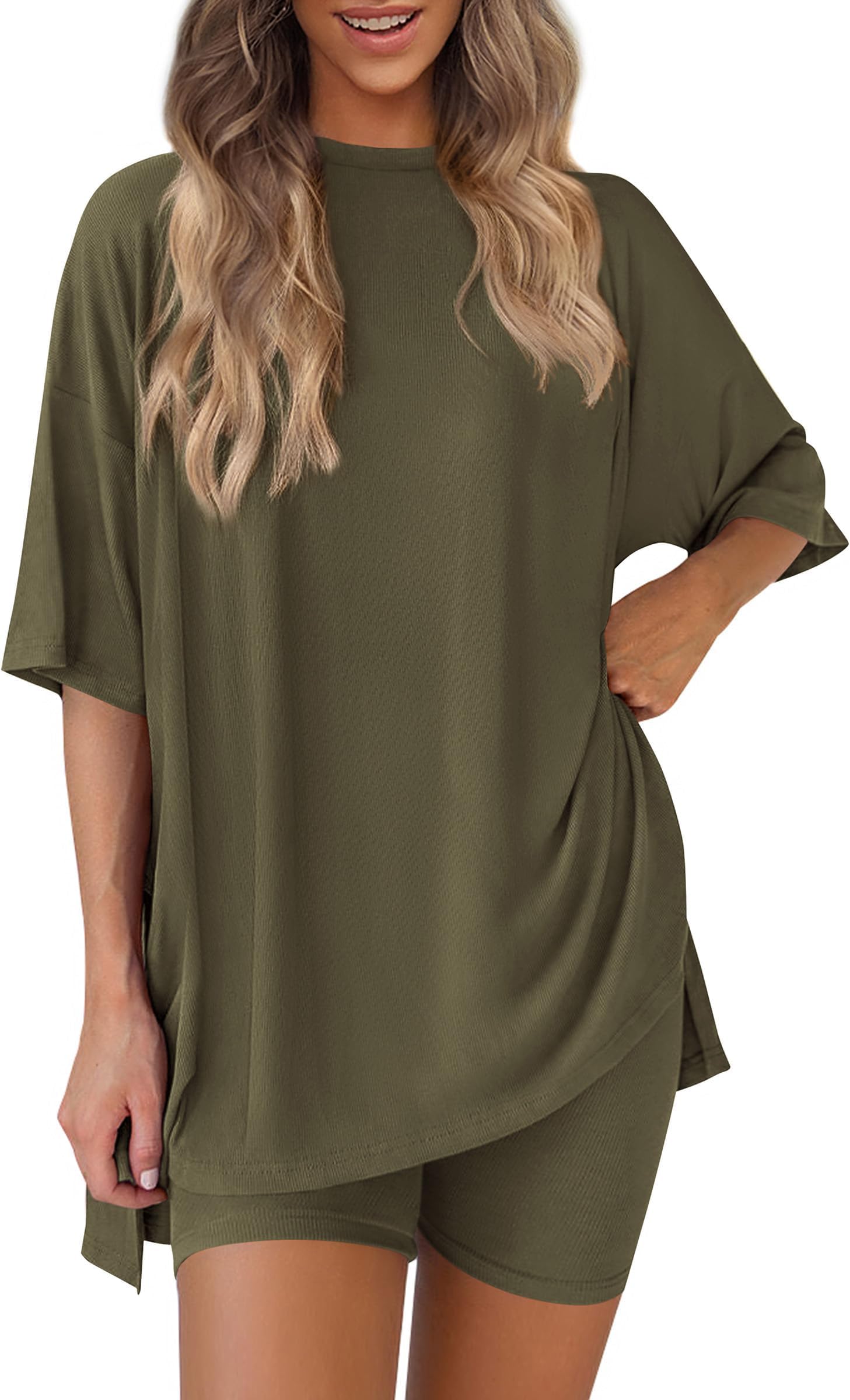 BUNSLOOM Zweiteiler Damen Sommer Oversize Shirt Radlerhose Set Casual Flughafen Reiseoutfit