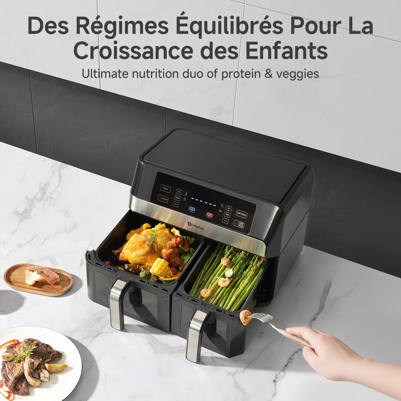 SIMPLUS Friteuse à Air Double Panier 10L, 1800W, Écran Tactile LCD, 11 Programmes, Fenêtre Visible, Four à Air Chaud avec Micro-Vapeur, Noir