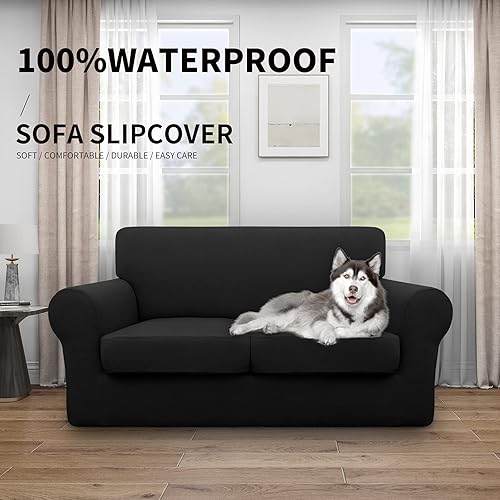 Miniatura 2 de Easy-Going Funda de sofá 100% impermeable doble de 3 piezas, elástica, suave, para perros, para sofá de 2 cojines separados, protector de muebles a