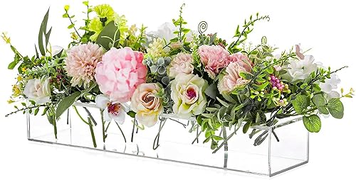 Jarrones rectangulares de acrílico para centros de mesa, florero floral de 16 pulgadas de largo con agujeros para flores, bandeja rectangular