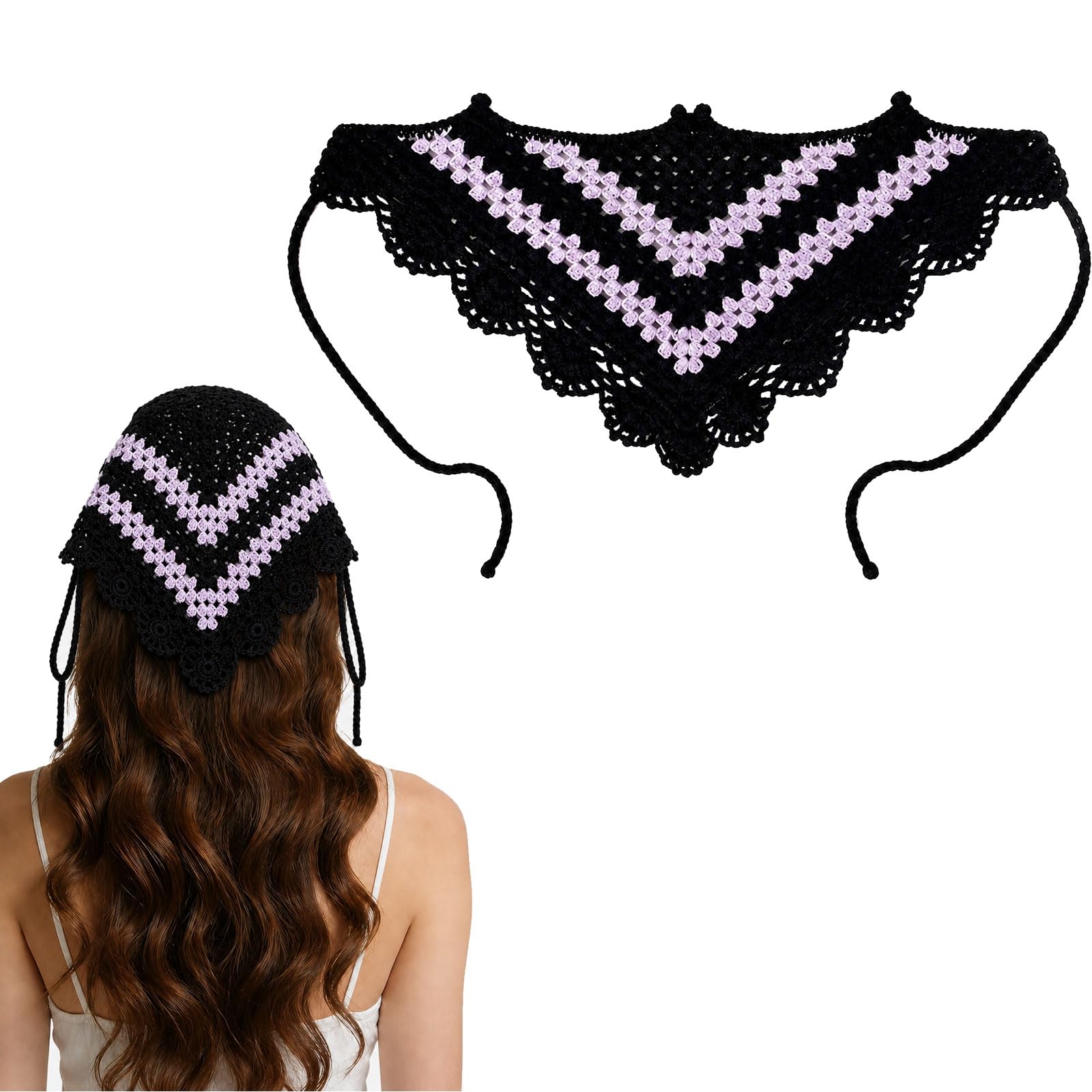 Floruvia Gothic Crochet Headband Bandana for Women, Cotton Triangle Scarf with Bat Pattern, Knitted Headscarf for Halloween Cosplay Vintage Style