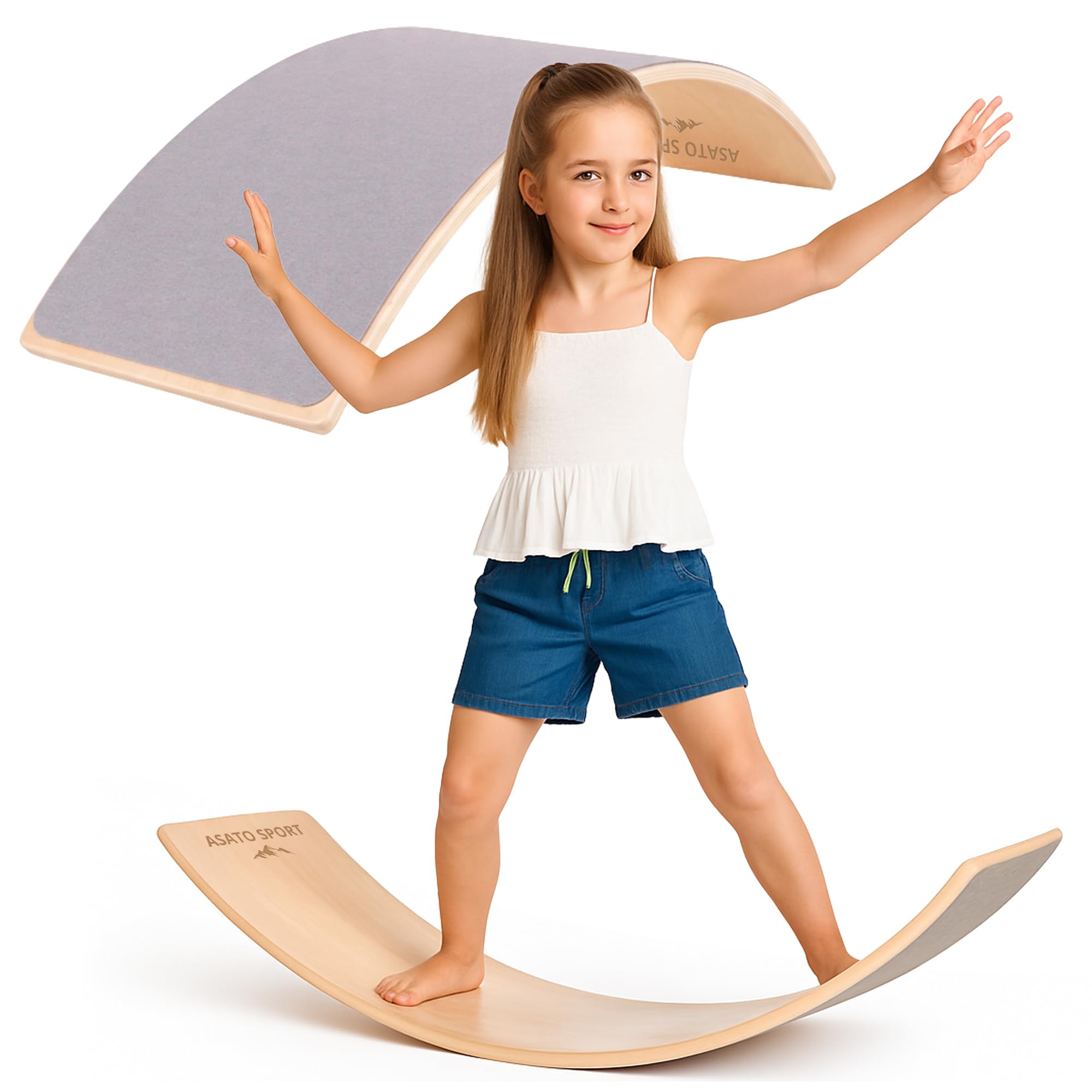 ASATO Deska balansowa z drewna – zabawka Montessori dla dzieci i dorosłych – deska do balansowania z filcem – deska do balansowania 82 x 29 cm – deska do balansowania i deska do balansowania
