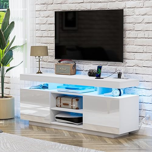 Miniatura 15 de HOMMPA Soporte de TV LED moderno para TV de 55/50/43/40/32 pulgadas con tomas de corriente, centro de entretenimiento con almacenamiento para