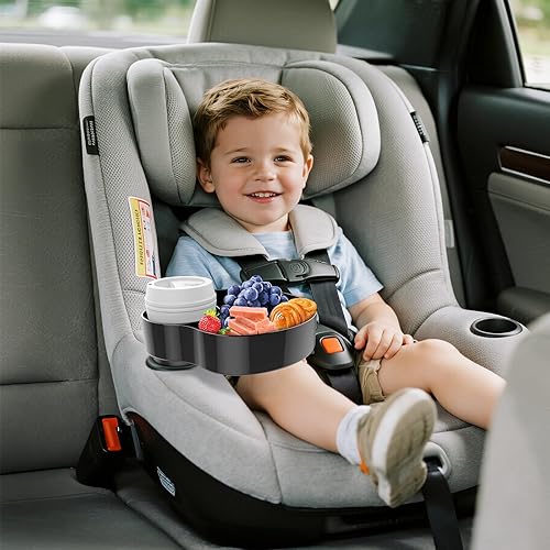 Miniatura 7 de Bandeja de asiento de automóvil para niños, bandeja de viaje con portavasos para niños pequeños, organizador de alimentos para asiento de automóvil