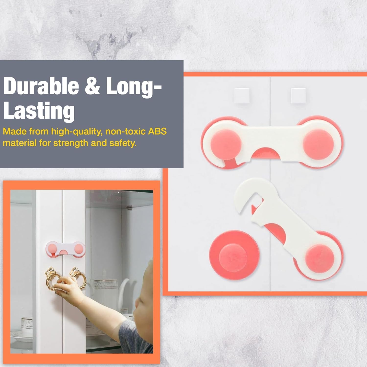 Safe-O-Kid Baby Safety Combo Child Safety Locks | Baby Proofing Cabinet, Drawer, Fridge & Cupboard Locks | 5 Smiley End Locks + 5 Nylon Safety Locks with Strong 3M Adhesive 1