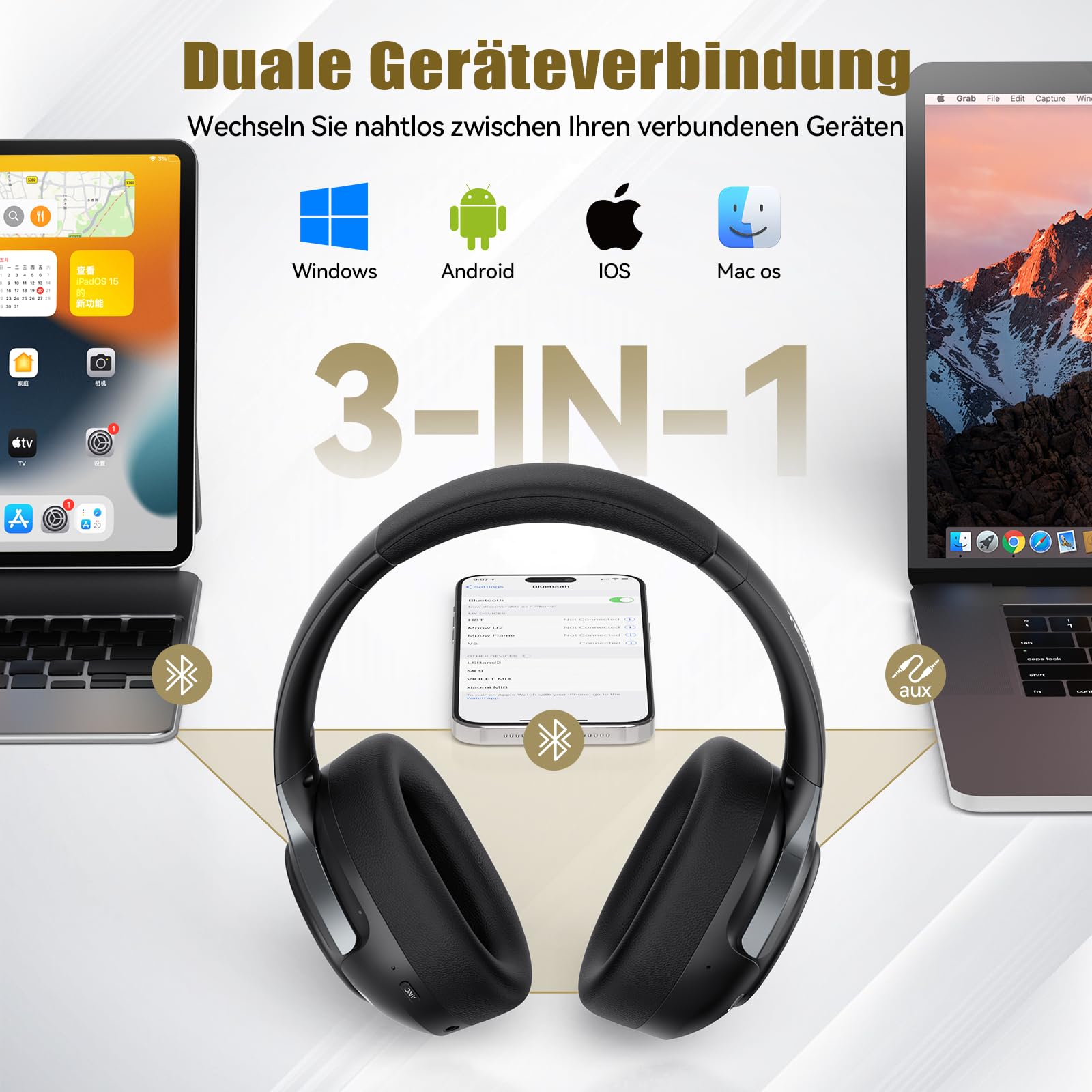 TECKNET Over Ear Kopfhörer Bluetooth mit Hybrid Active Noise Cancelling, Kabellose Bluetooth 6.0 Kopfhörer, 70 Std. Wiedergabezeit, 6 EQ-Modi, 3,5-mm-Audiokabel für Zuhause, Reisen und Büro, Schwarz