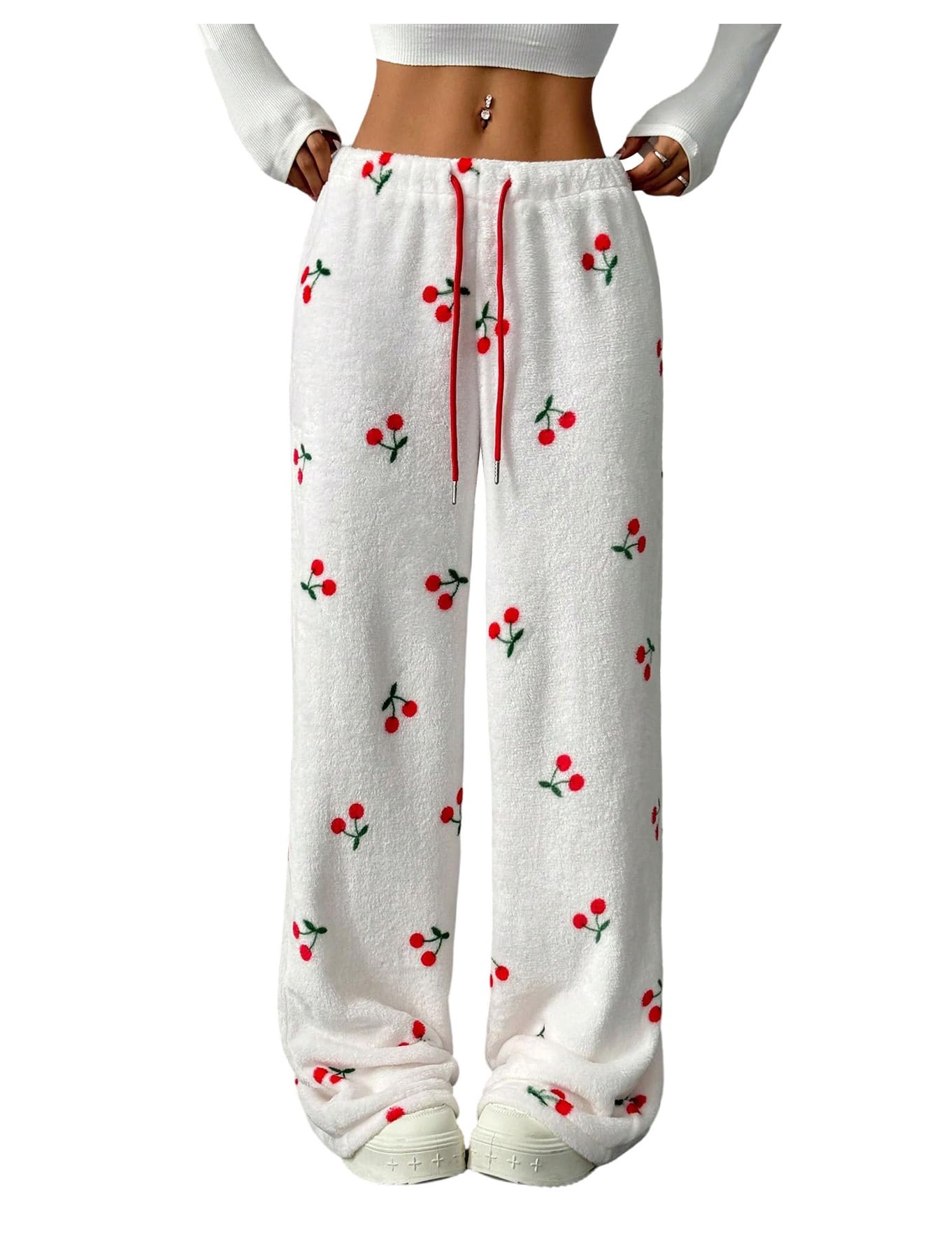 WDIRARA Womens Cherry Print Drawstring Waist Fuzzy Pants Straight Leg Lounge Pants