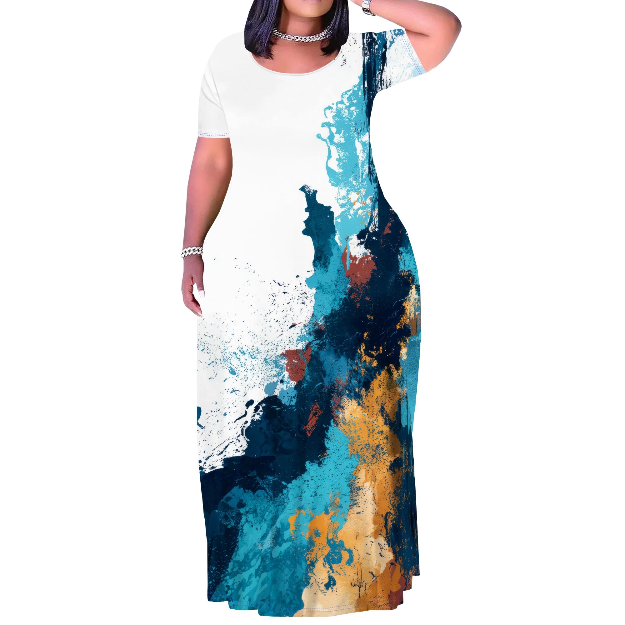 PinkPatty Plus Size Dress for Women Casual Crew Neck Short Sleeve Maxi Dress Oversized Summer Beach Dresses with Pockets