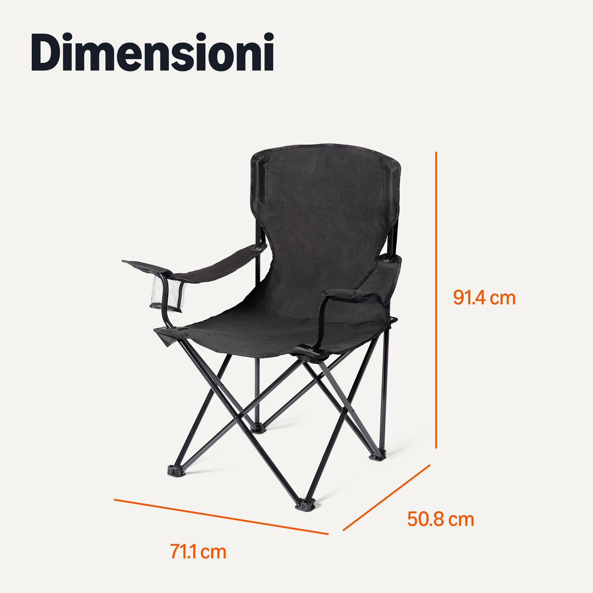 Amazon Basics Sedia da Campeggio Pieghevole con Portabicchieri - Sedia Outdoor con Telaio in Acciaio, Resistente all'Acqua, con Borsa per il Trasporto - 72,5x 52,5 x 93,2cm - Nero - Set da 2
