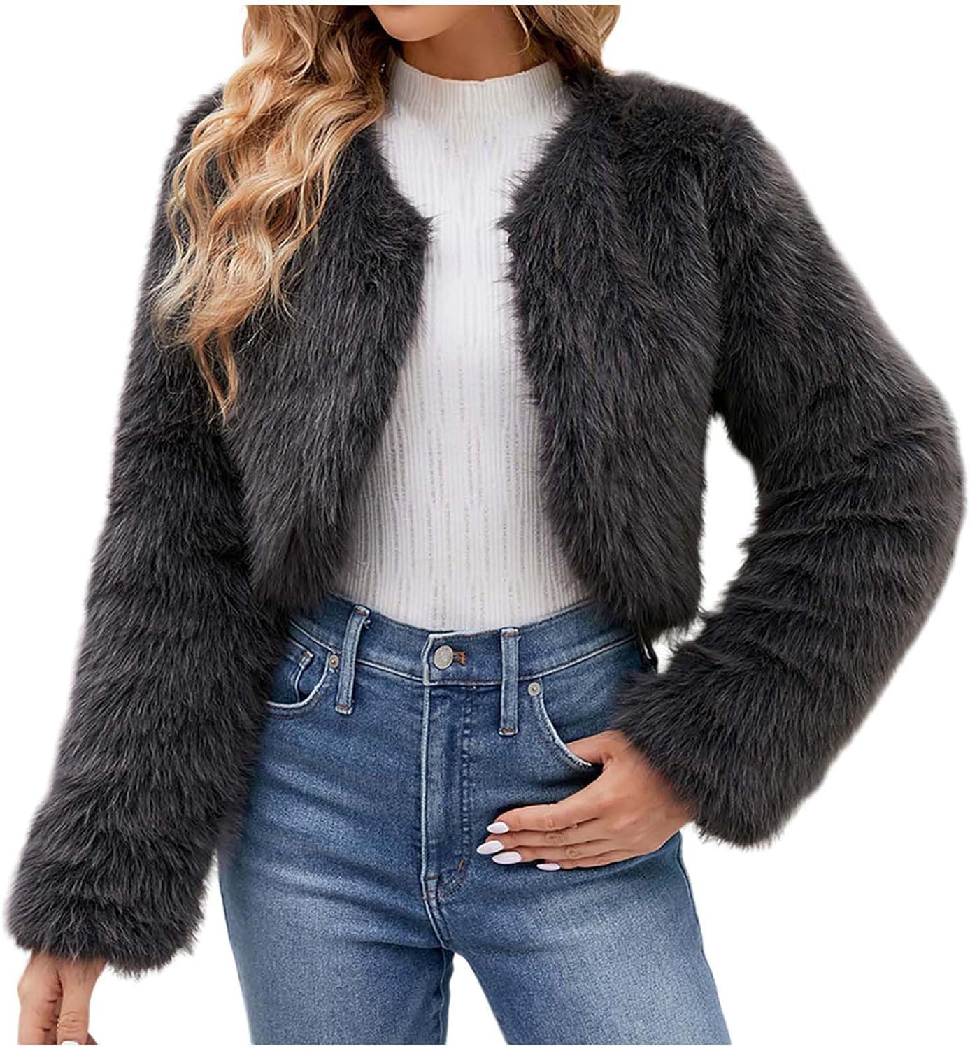 Womens Cropped Faux Fur Jackets Luxury Fuzzy Plush Cardigan Open Front Shaggy Coats Trendy Coat Overcoat Outerwear