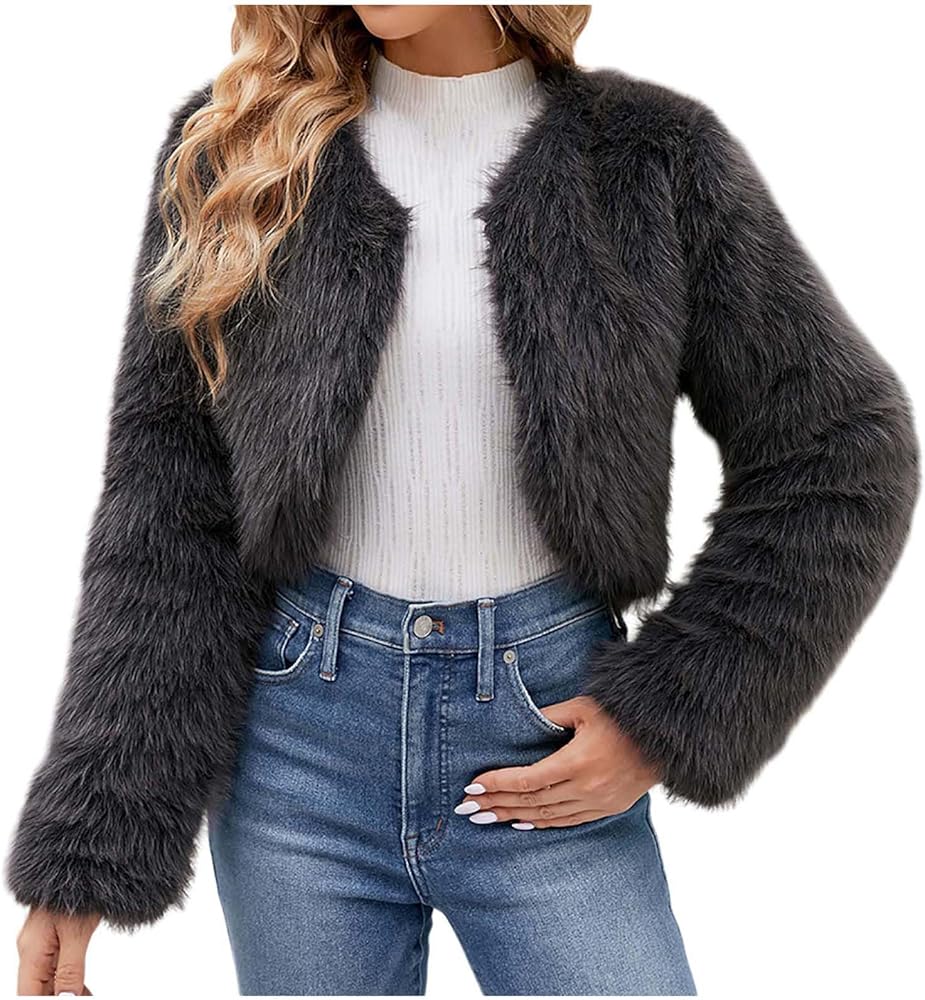 KICILVS Shaggy Faux Fur Jacket Women Long Sleeve Open Front Crop