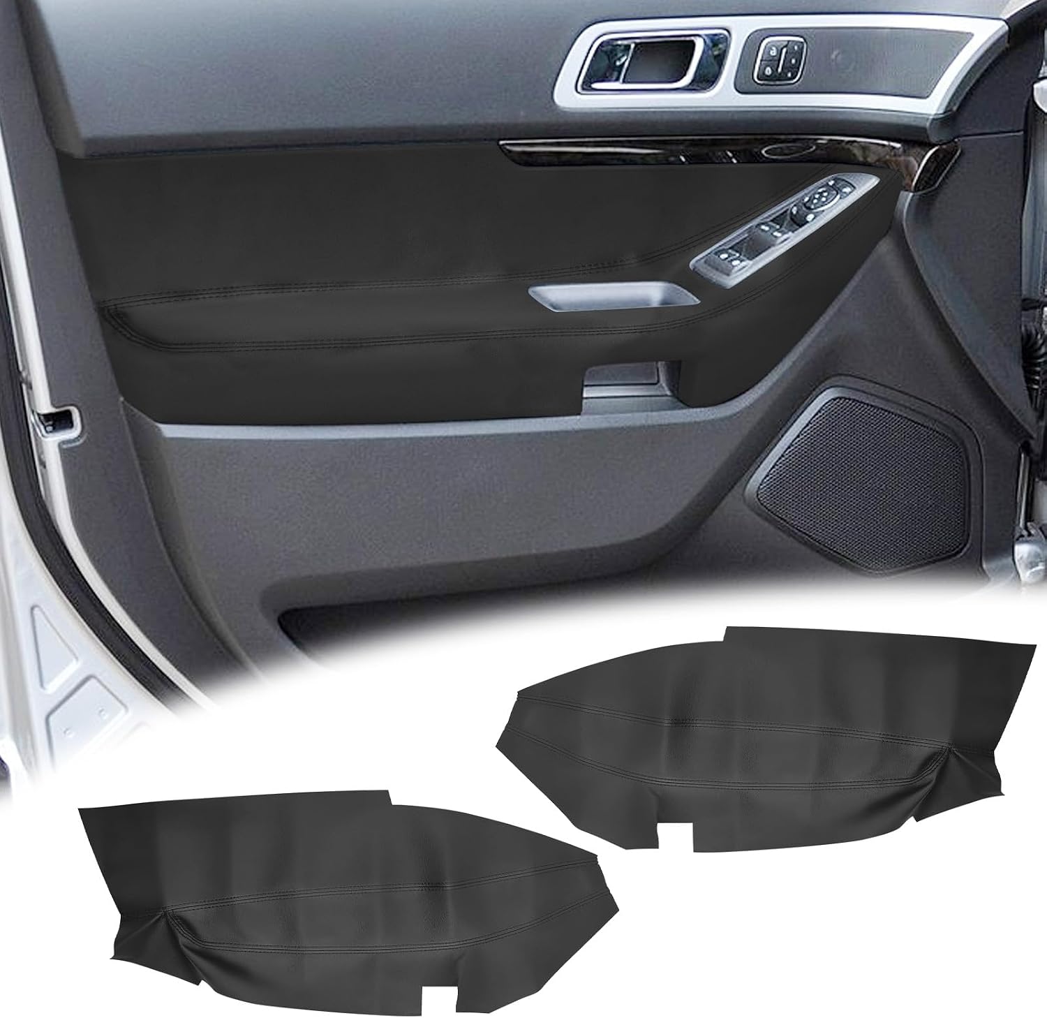 2PCS Front Door Panel Cover Compatible with Ford Explorer 2011-2015 Left and Right Vinyl Leather Insert Cards Protector Trim Black (Only Leather Part)