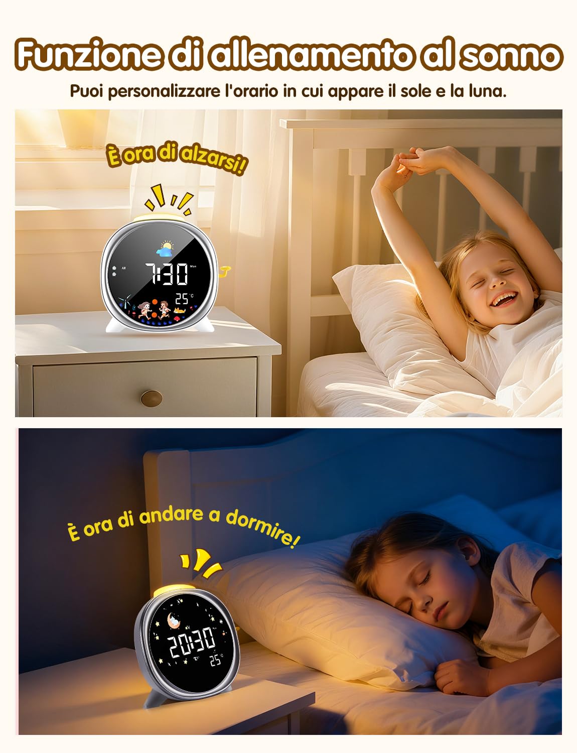 LIORQUE Sveglia Digitale per Bambini, Sveglia Bambini, 5 Suoni, Luce Notturna Regolabile, Display LCD con Modalità Sole e Luna, Doppia Allarme, Alimentazione USB, per Bambini e Bambine