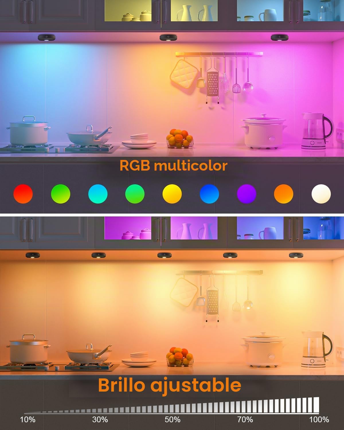 WILLED RGB Led Cocina Bajo Mueble,Recargable Luces Led Pilas con Control Remoto，Regulable luz cocina bajo mueble Adhesivo Magnético para Cocina, Gabinete, Armario, Encimera, Paquete de 3