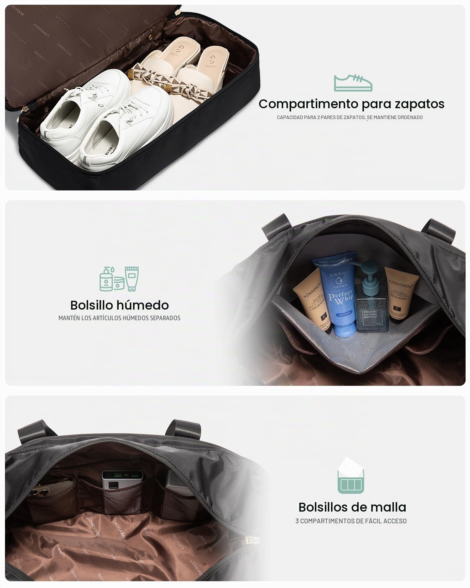LOVEVOOK Grandes Bolsa de Viaje Mujer, Bolso Maternidad Hospital Travel Bag | Bolso Viaje Fin de Semana Bolsa de Mano Equipaje, Impermeable Macuto Viaje Bolsas Deporte Gimnasio Mochila Gym