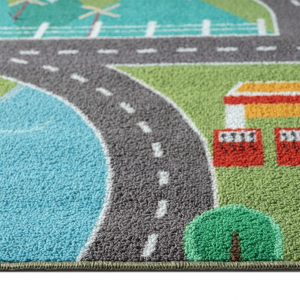 CARPETIA Kinderteppich Rund Stadtlandschaft Straßen Grün Ø 200 cm | Rutschfest, strapazierfähig, hautsympathisch und schadstofffrei, OEKO-TEX geprüft, für Fußbodenheizung & Kinderzimmer