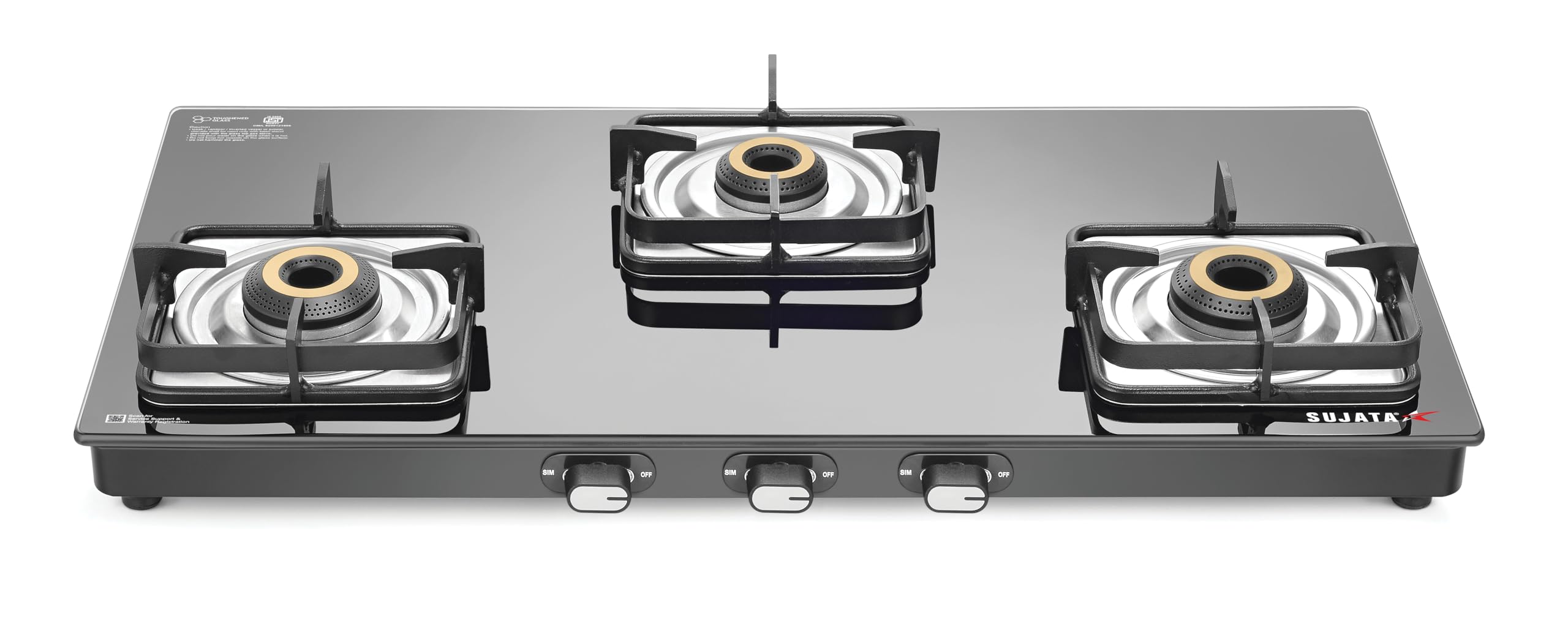 Sujata Classic Gas Stove | 9 Years Warranty | 3 Burner Gas Stove Glass Top, Stove 3 Burner, Gas Stove 3 Burners, SABAF, ISI Certified, LPG & PNG Compatible, Jumbo Brass Burner (Black)