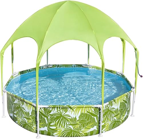 Miniatura 9 de H2OGO! - Piscina para niños con marco de acero redondo de 8 pies sobre el suelo con rociador de agua y toldo para sol, estampado de hojas tropicales