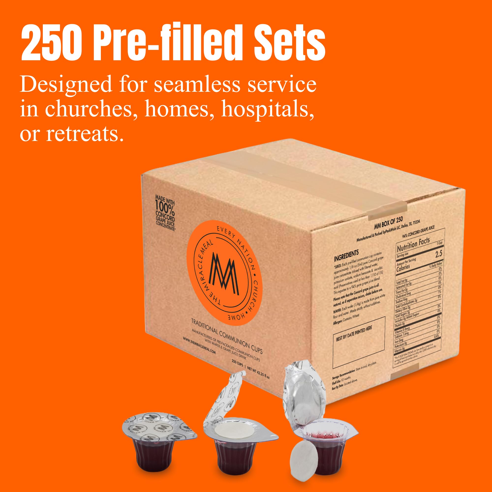 The Miracle Meal Tazas y obleas de comunión precargadas, caja de 250 unidades, jugo de uva y oblea, fabricado en los Estados Unidos, calidad premium garantizada