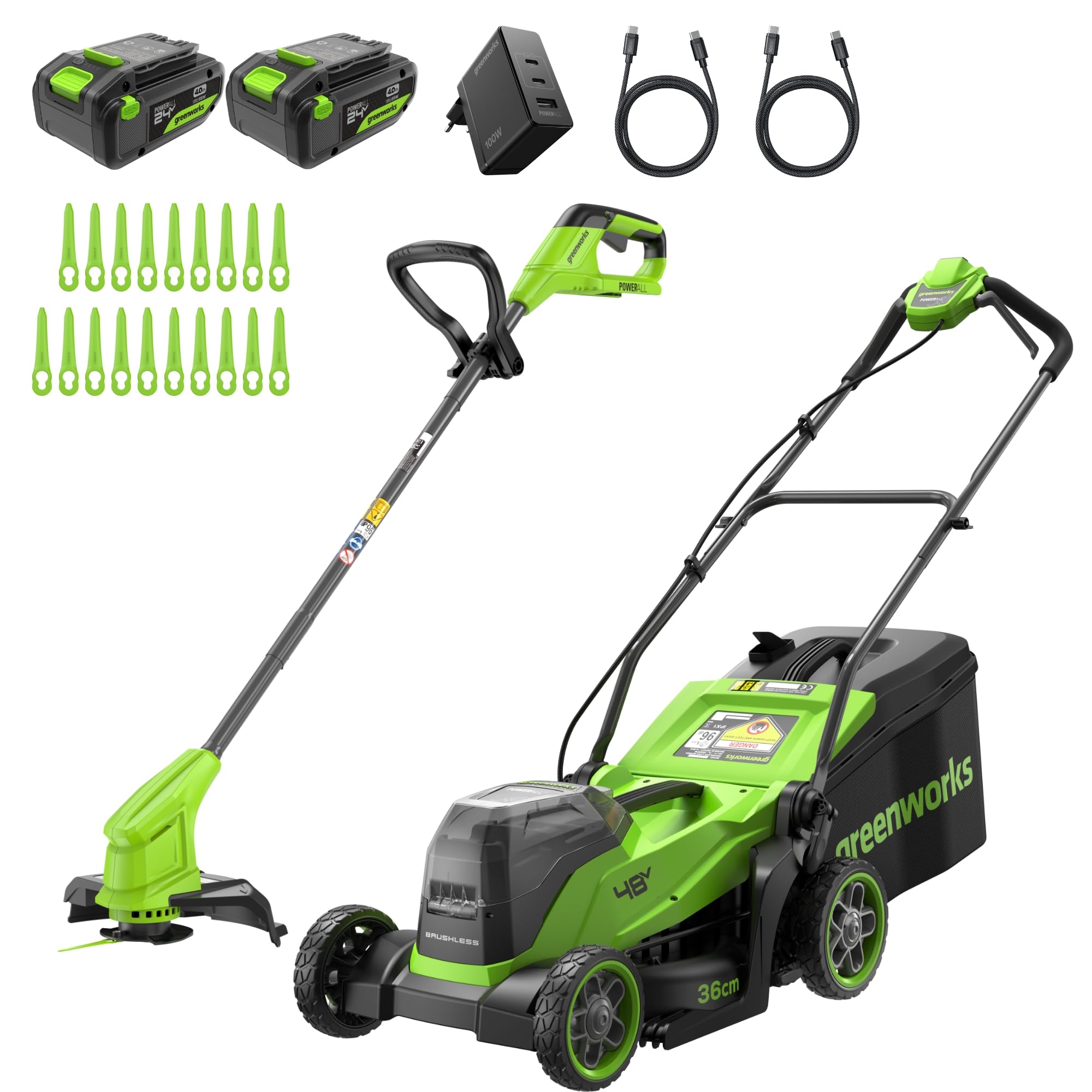 Greenworks 48V (24V x 2) Cortacésped de batería Li-Ion 24V 36cm Ancho Corte hasta 400m² a y Cortabordes Inalámbrico con Cabezal de Alimentación Automática con 1 Batería 4Ah y Cargador-MTCK48B421-01