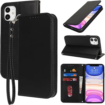 for iPhone 11 Phone Case Wallet with Strap,6.1",Black