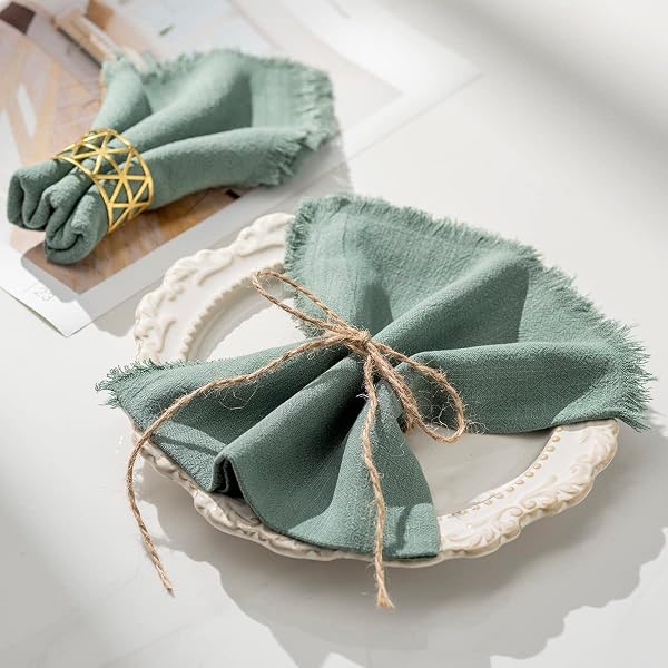 CHUQING Green Cotton Linen Napkins Set of 4, Handcrafted Design