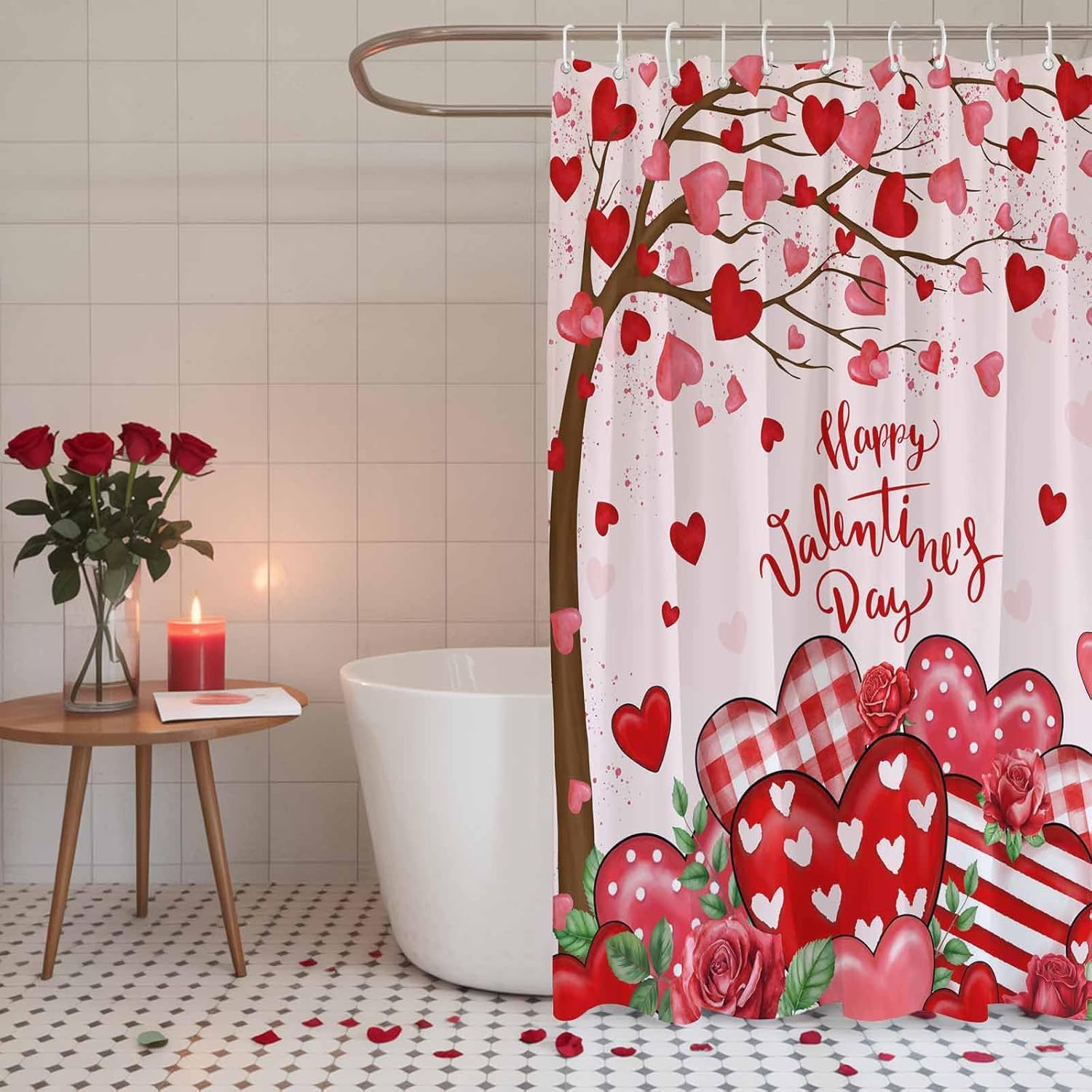 Chic D Valentines Shower Curtain Red Love Heart Shower Curtains for Valentine's Day Bathroom Decor Pink Heart Tree Rose Shower Curtain Set with Hooks Waterproof Polyester Bath Curtain 66 x 72 Inches