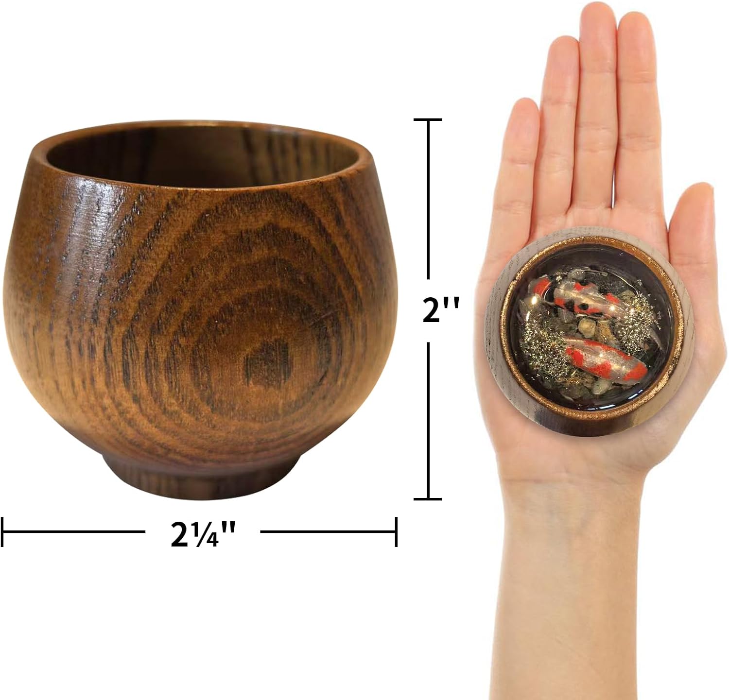 Koi in Teacup Decor, Realistic Japanese Fish in Wooden Teacups, Miniature Resin Zen Pond Art Collectable Gift for Koi Lover Lucky Desk Decoration, Set of 2 image 2