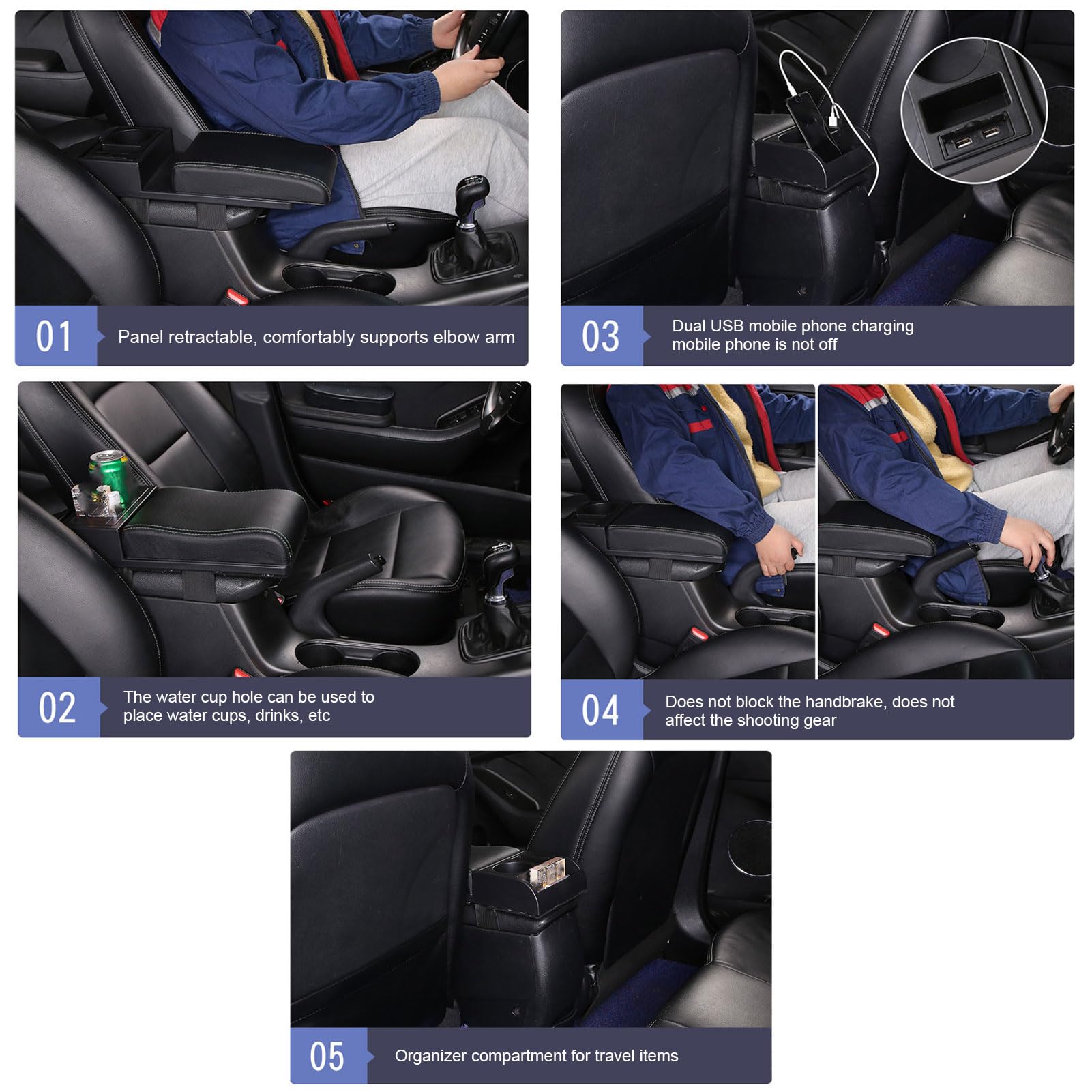 Uniwersalna Poduszka do Podłokietnika Samochodowego, Wygodna, Regulowana Konsola do Przechowywania z Portem USB dla Kierowców SUV-ów, Akcesoria Samochodowe ze Skóry z Mikrofibry (czarna