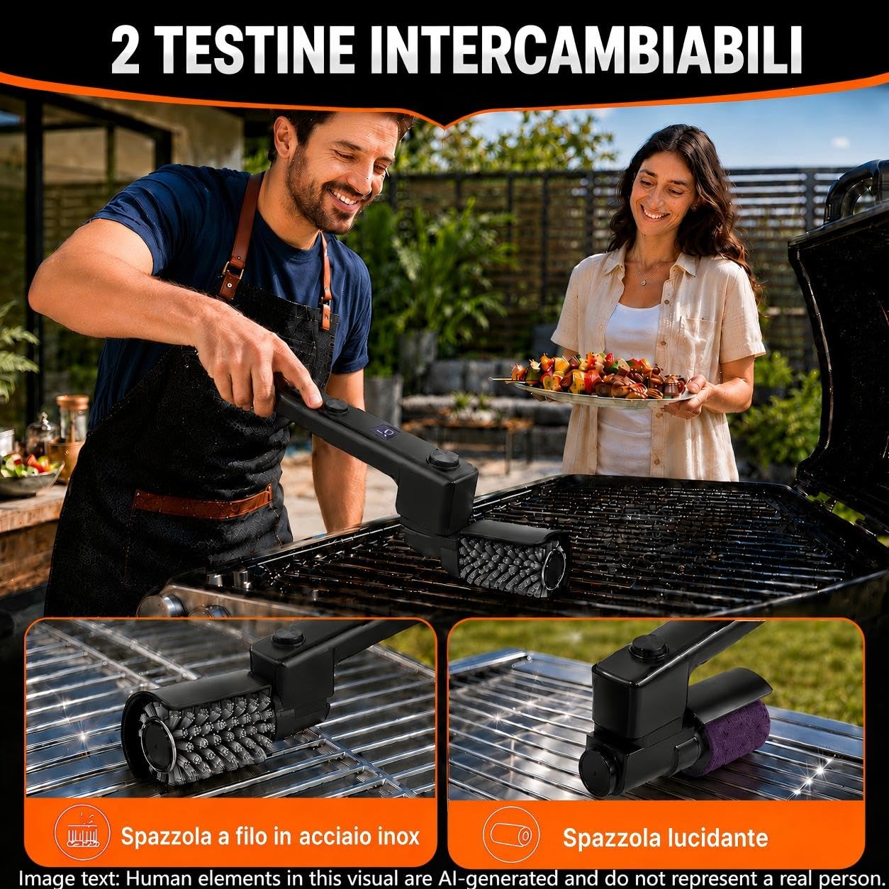 Spazzola Elettrica per Barbecue Senza Fili Angolo 270° Regolabile | 3 livelli pulizia, durata 90 min, impermeabile IPX7, testine acciaio inox e nylon, USB-C, grigliate e barbecue carbonella