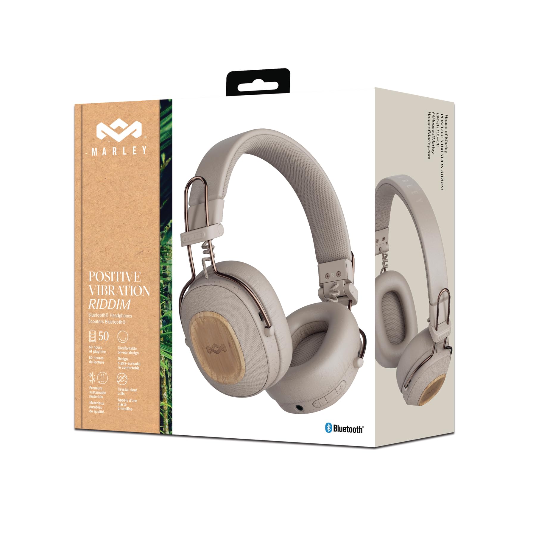 House of Marley Positive Vibration Riddim Auriculares On-Ear - Crema | Inalámbricos Bluetooth, 50h de Reproducción, Plegables con Micrófono, Carga Rápida USB-C, Materiales Sostenibles