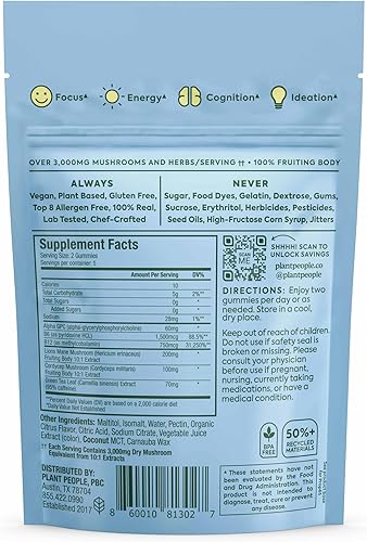 Miniatura 9 de Plant People WonderFocus - Gomitas de hongos con melena de león y Cordyceps Suplemento cerebral nootrópico que aumenta la concentración de la