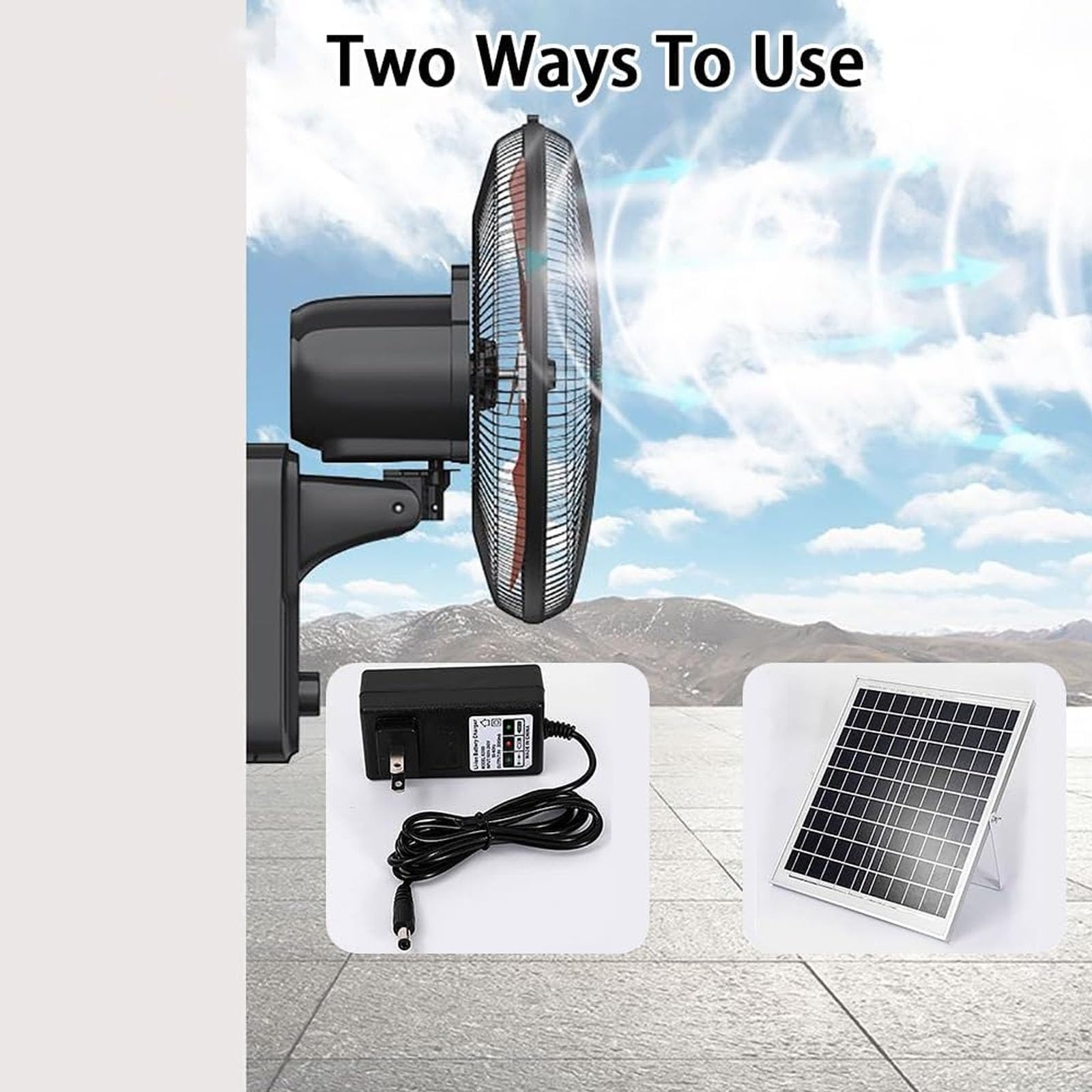 Ventilador solar de pared con mando a distancia, diseño oscilante, 5 aspas, 3 velocidades, inclinación ajustable de 90°, ideal para espacios al aire libre, garaje y gimnasio