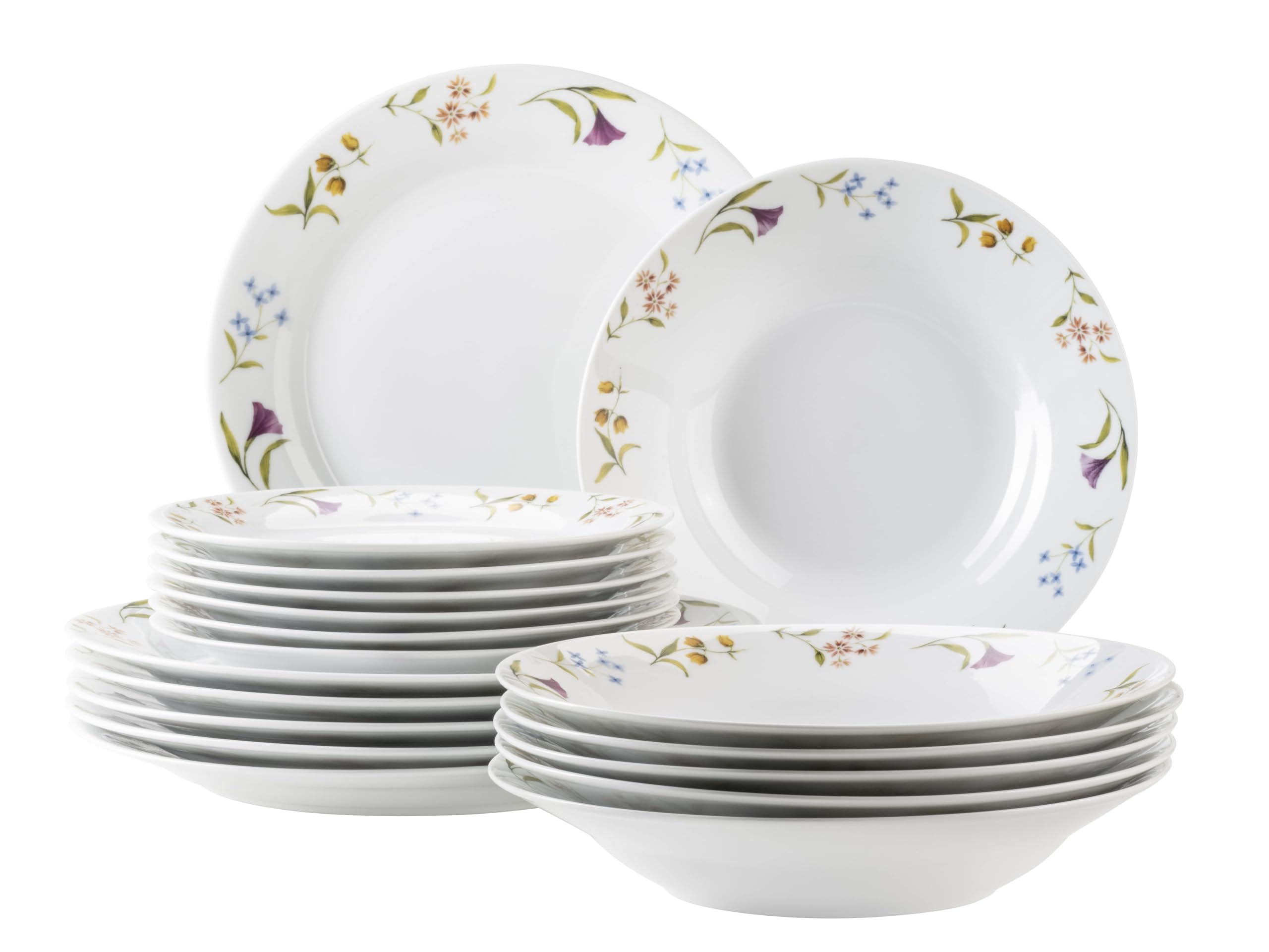 MÄSER Serie Zosma, hochwertiges Tellerset 18-tlg mit floralem Dekor, bestehend aus 6 Desserttellern, 6 tiefen Tellern und 6 flachen Tellern im Natural-Look, Porzellan, Weiß