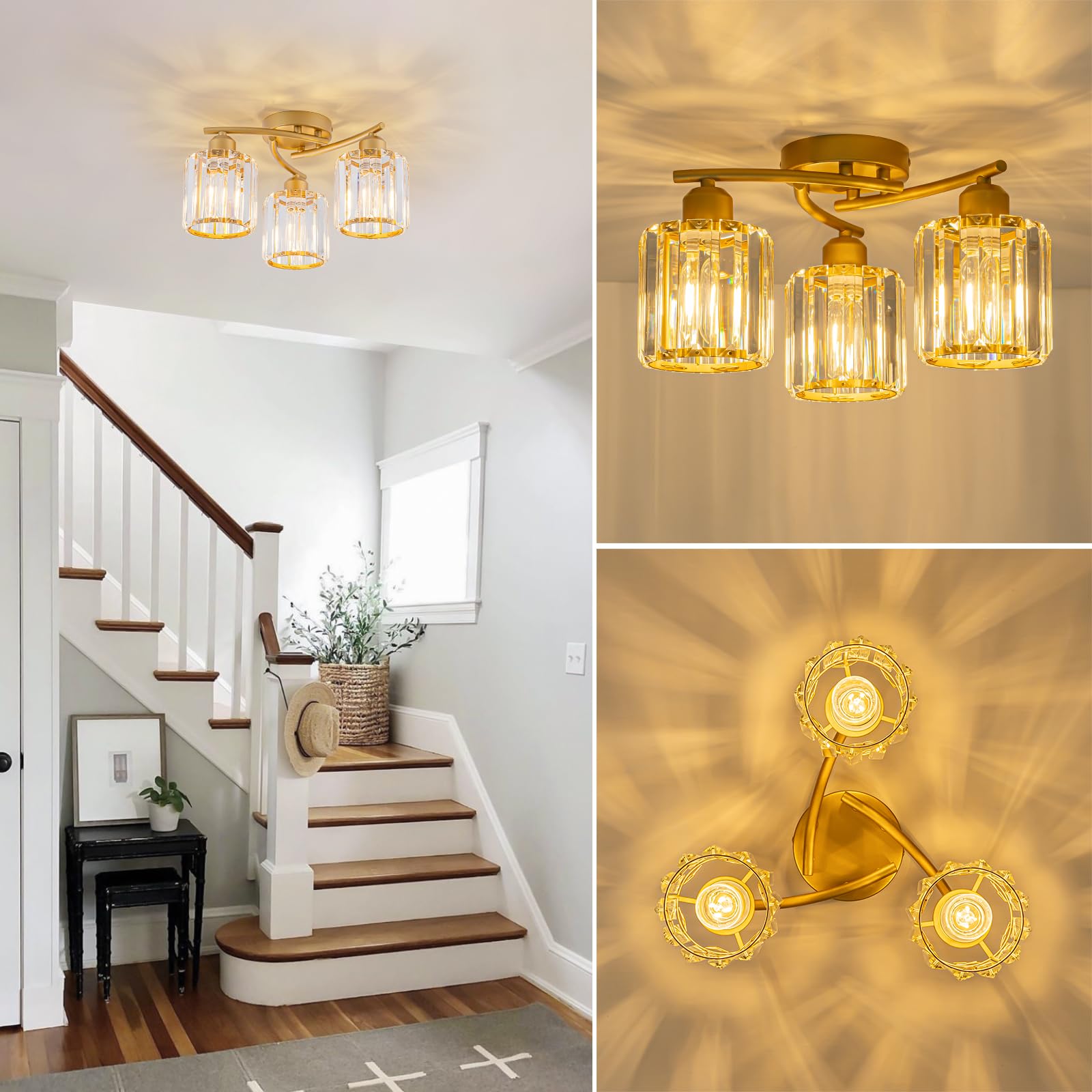 Deckenleuchte Kristall, 3 FlammigDeckenlampe mit Glas Lampenschirm, Gold
