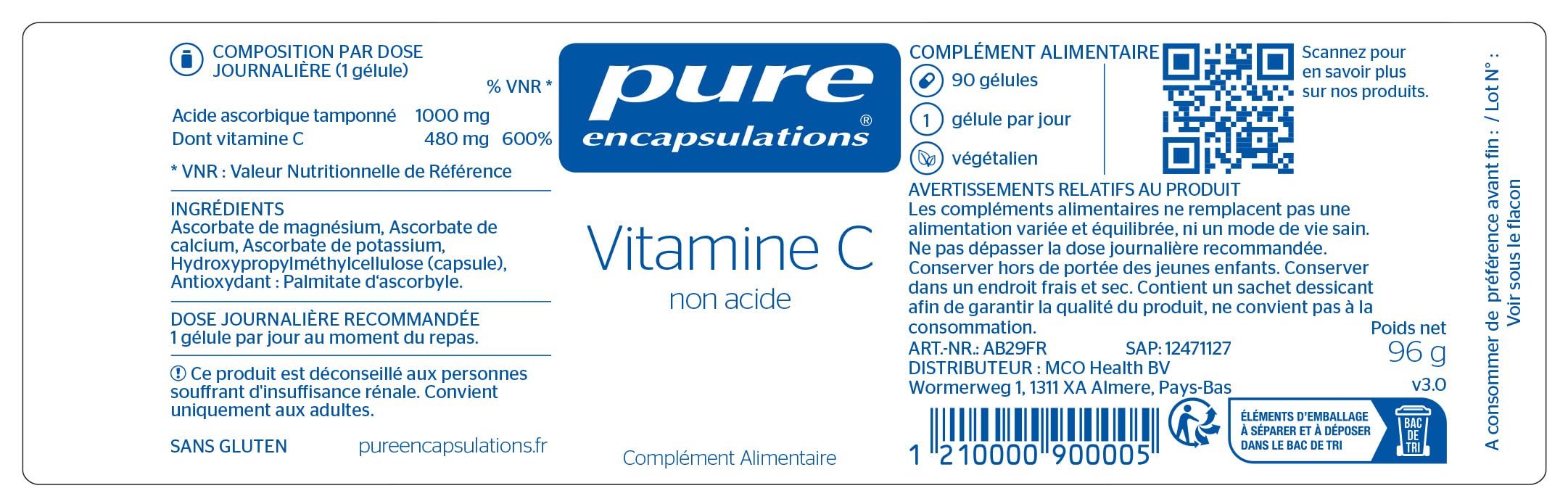 Pure Encapsulations - Vitamine C 1000 - Ascorbate de Magnésium, Ascorbate de Calcium & Ascorbate de Potassium - Aide au Fonctionnement Normal du Système Immunitaire - 90 Gélules