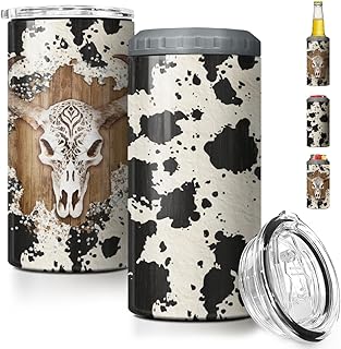 SANDJEST Cow Tumbler Cowgirl 4 in 1 12oz Tumbler Can Cooler Coozie Skinny Stainless Steel Tumbler Gift for Women Girl Daughter Sister Animal Lovers Christmas Birthday