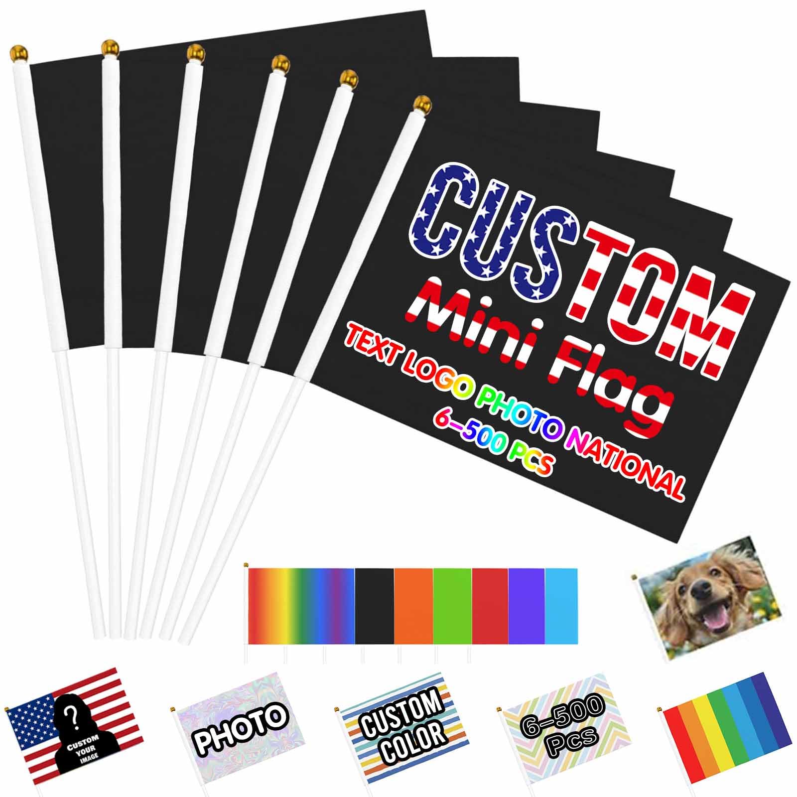 Custom Handheld Flag Mini Flag Personalised Small Flags 6-500 Pcs with Photo Text Logo Customisable Miniature Stick Flags Banner Double-sided Design for Team Activities, Parades, Holiday 4x6 Inch
