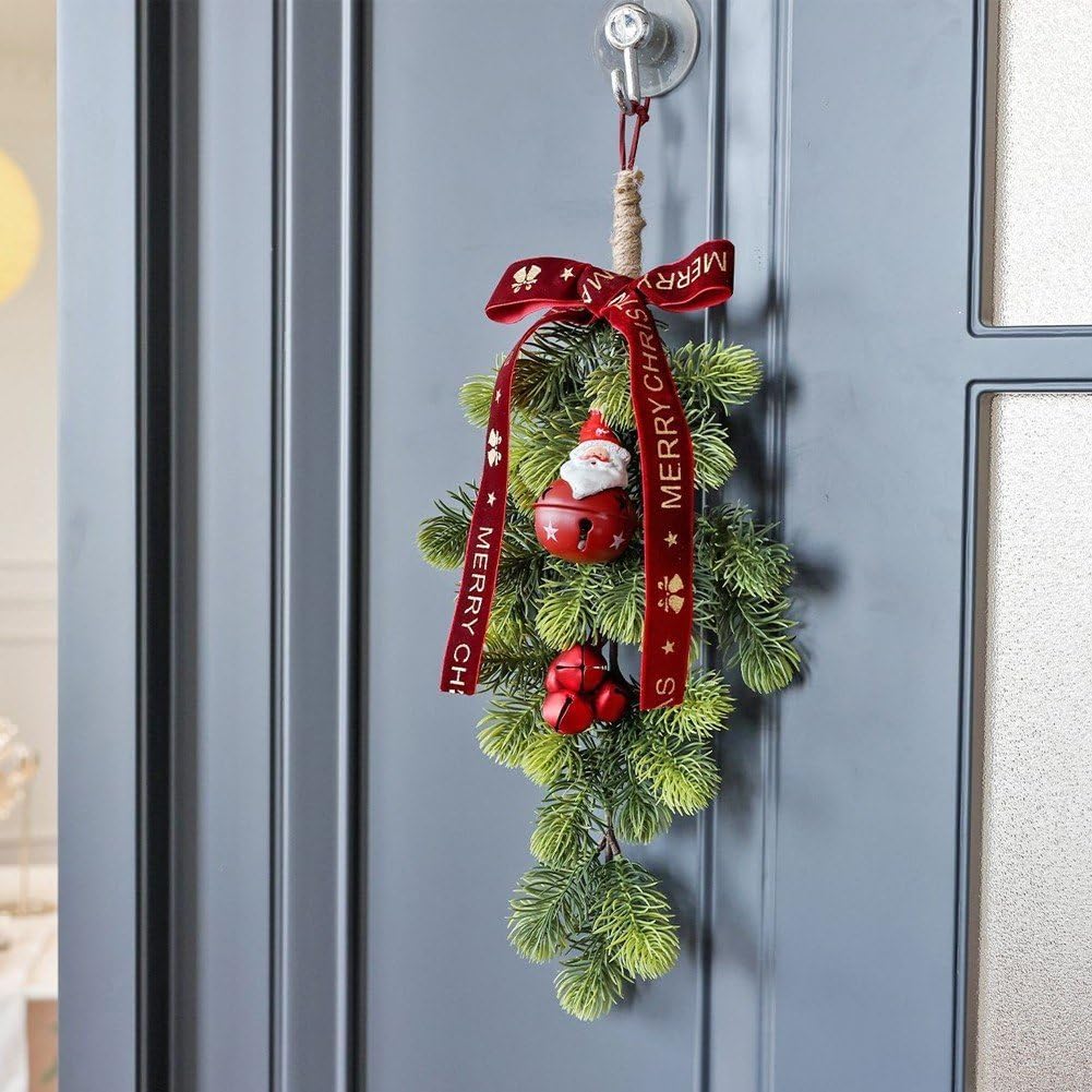Christmas Swags for Front Door Xmas Teardrop Floral Swag Wreaths with Red Bow and Christmas Bells Hanging Winter Artificial Garland Swags