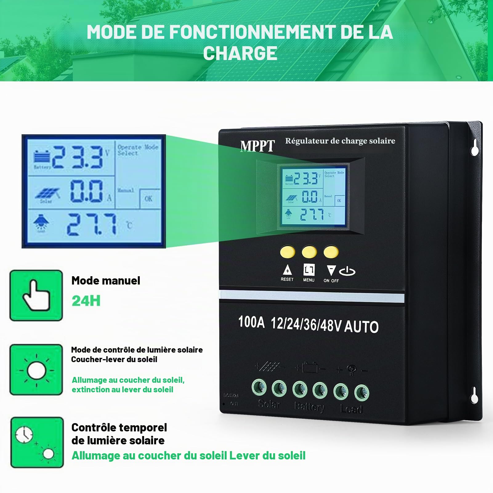 Controleur de charge solaire MPPT 100A 12V/24V/36V/48V MPPT régulateur solaire Écran LCD ID automatique Entrée max 100V DC Pour Plomb/acide/Lithium batterie Double USB Noir.