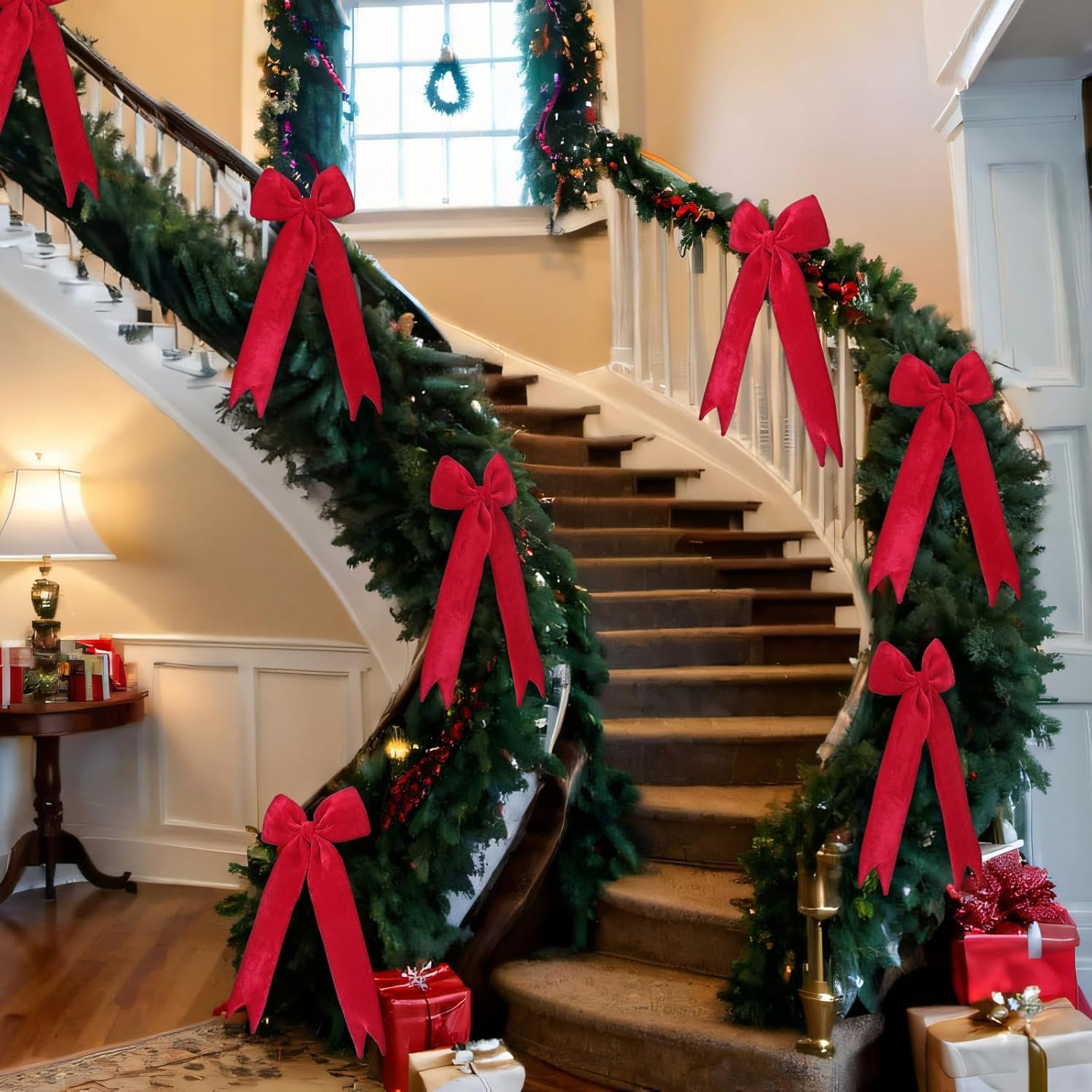 Soulchen 4 Pcs Large Velvet Bows Christmas Elegant Staircase Garland Bows11.8 x 23.6 Extra Large Christmas Wreath Decor for Stair Home Tree Indoor Outdoor Holiday Party Decorations