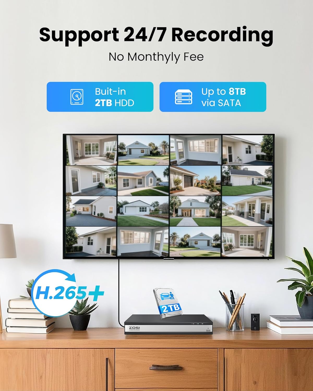 ZOSI 16CH 3K Lite Wired Security Camera System with Audio, AI Human/Vehicle Detection, 120FT Night Vision, 16 x 1080P Metal Indoor Outdoor Cameras, 16 Channel CCTV DVR with 2TB HDD for 24/7 Recording