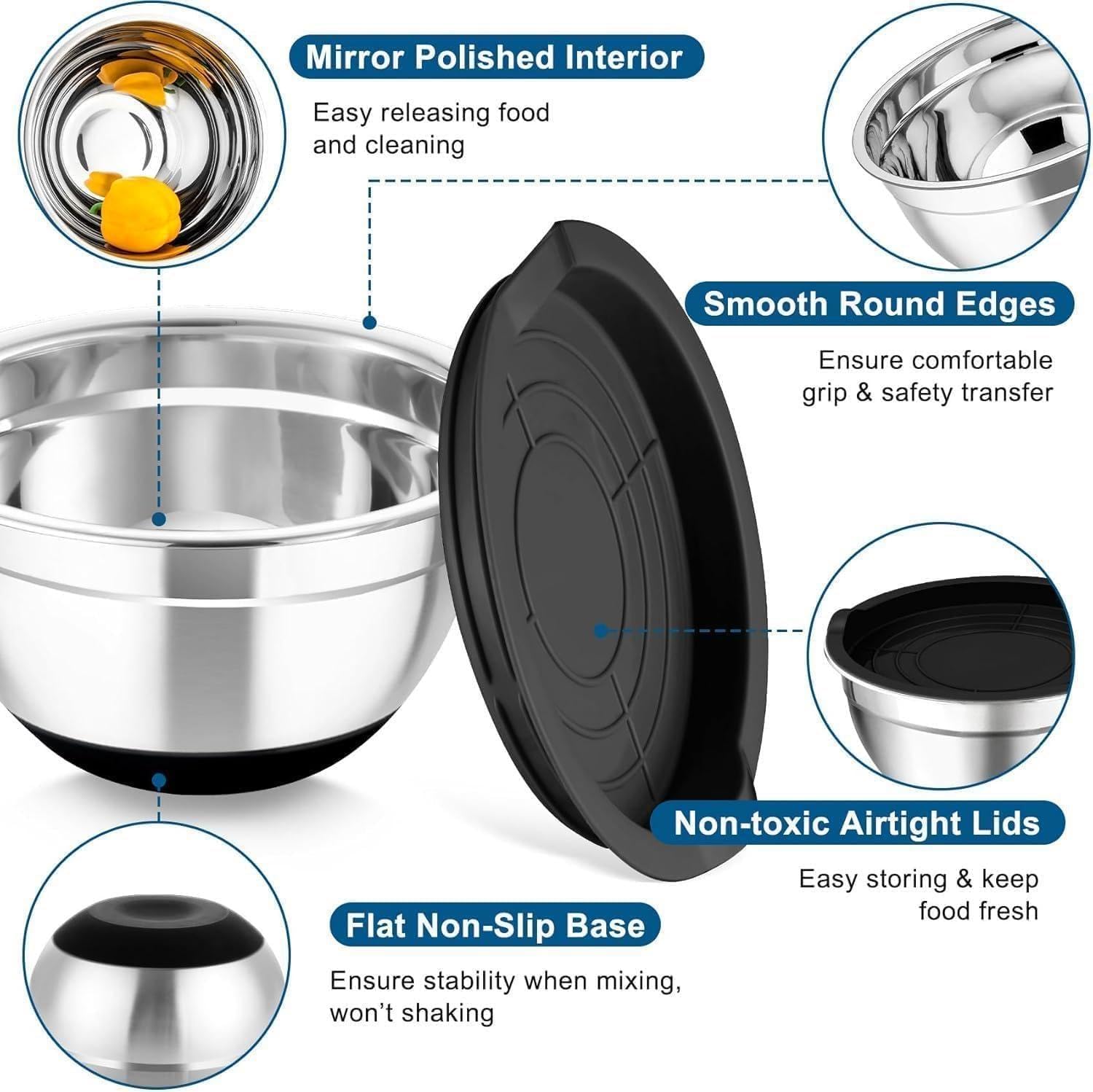 Beler Lot de 6 bols en acier inoxydable avec couvercle et râpe, pour la cuisine, avec fond en silicone, 6 accessoires de broyage
