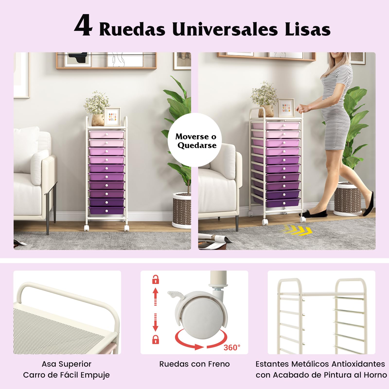 GOPLUS Carrito Auxiliar con 4 Ruedas, Carro de Servicios con 10 Cajones, 2 Ruedas con Frenos, Carro de Almacenamiento de Estructura Metálica para Cocina Oficina Baño (Violeta)